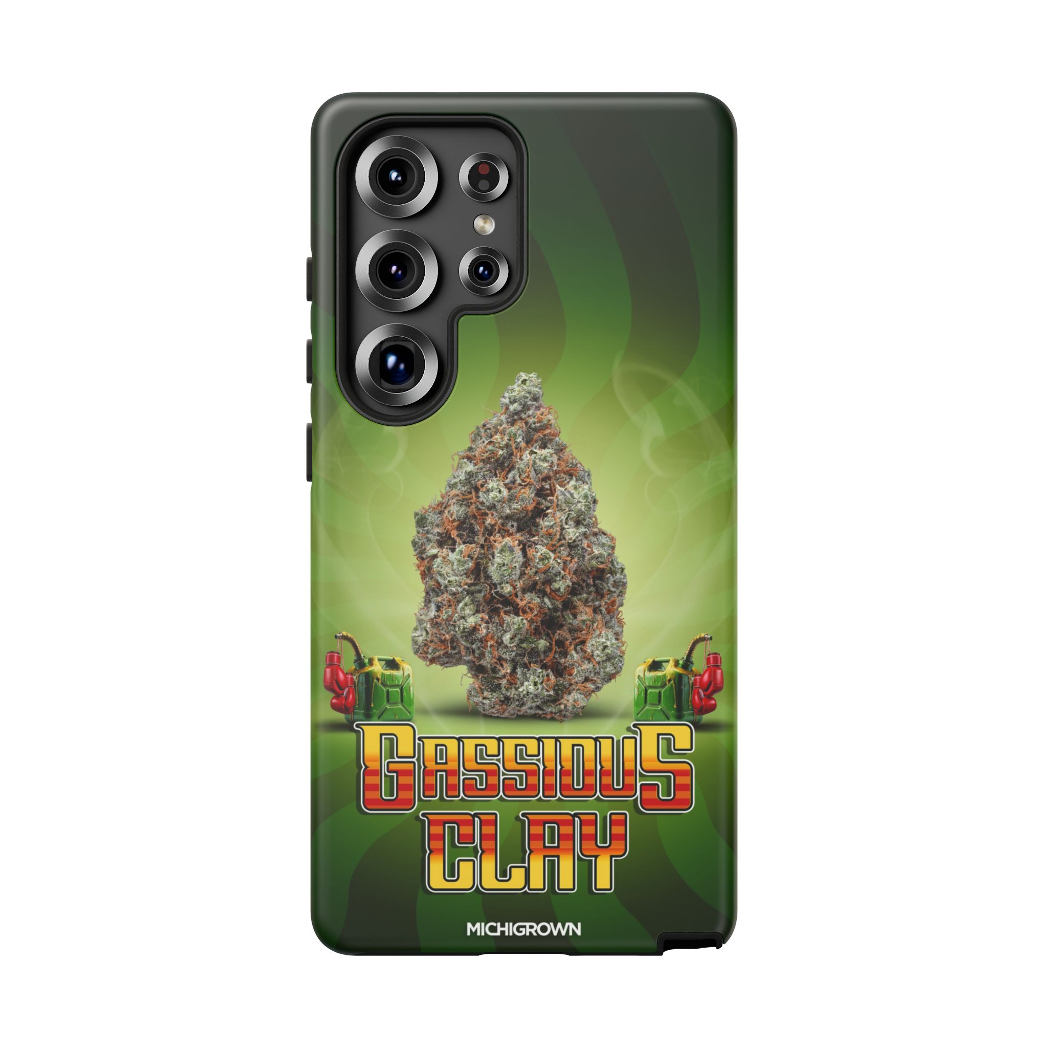 Phone case with cannabis bud and GASSIOUS CLAY logo.