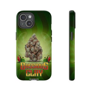 Phone case with Gassious Clay logo and cannabis image on green background.