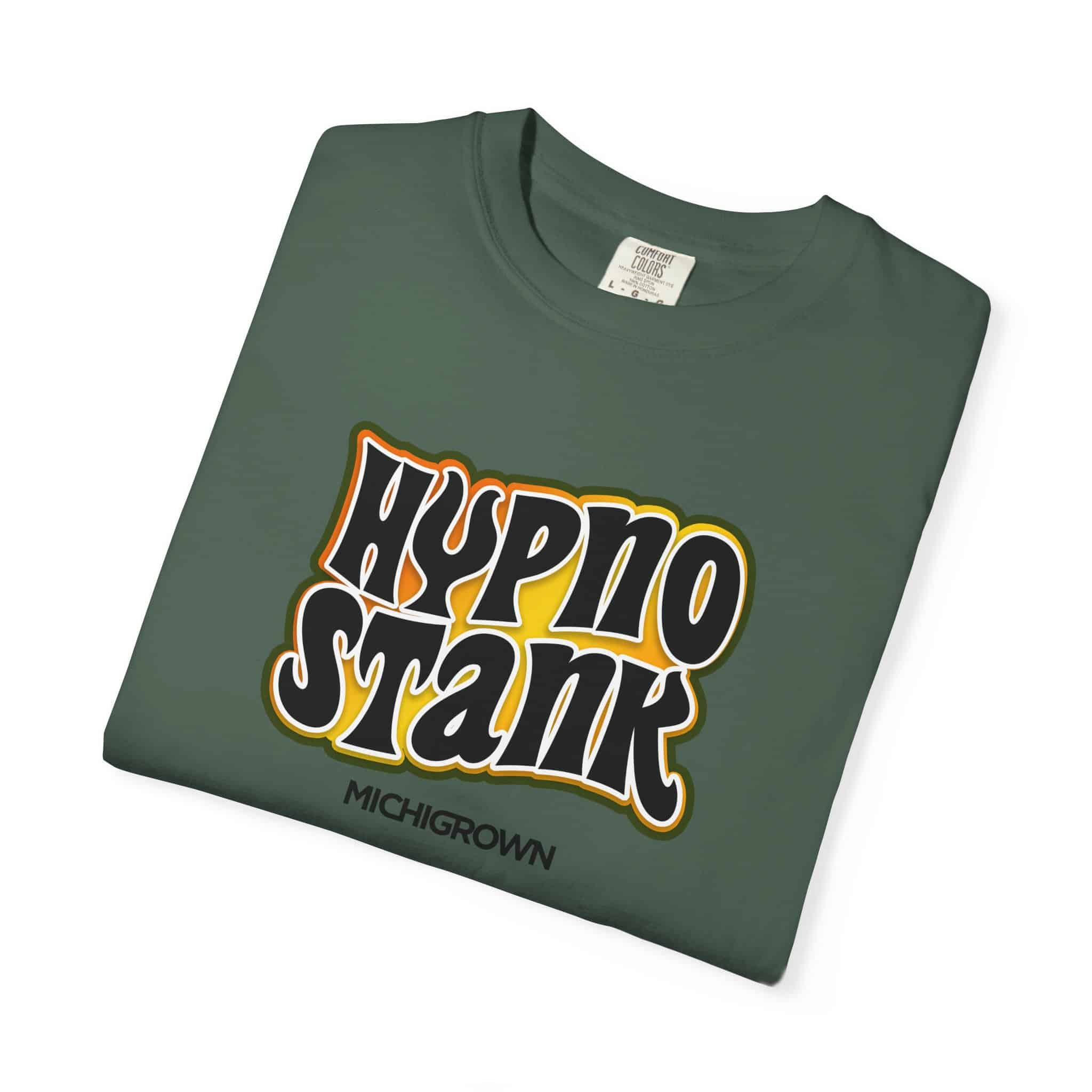 Green T-shirt with Hypno Stank logo and Michigrown branding.
