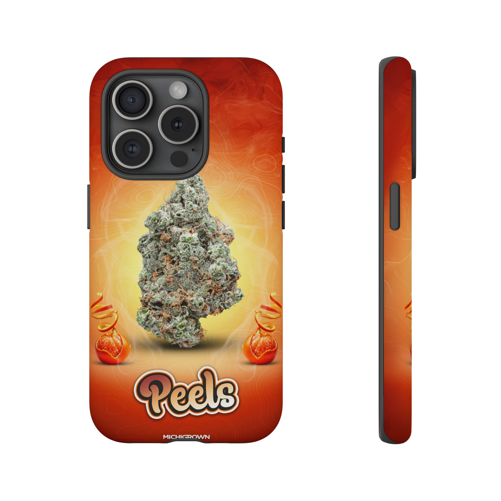 Phone case featuring cannabis bud and PEELS logo for PEELS PHONE CASE.