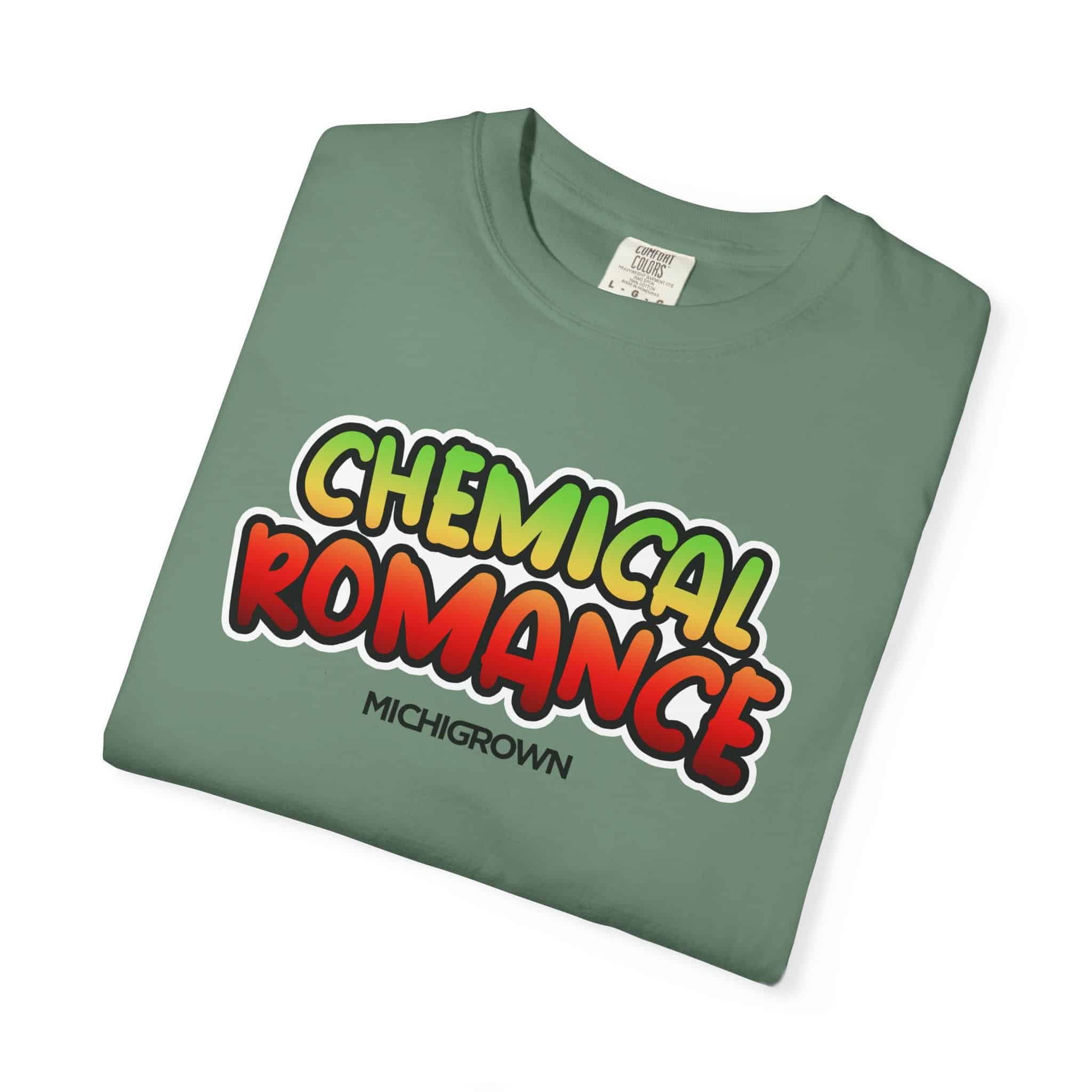 Green T-shirt with 'Chemical Romance' graphic and Michigrown logo.