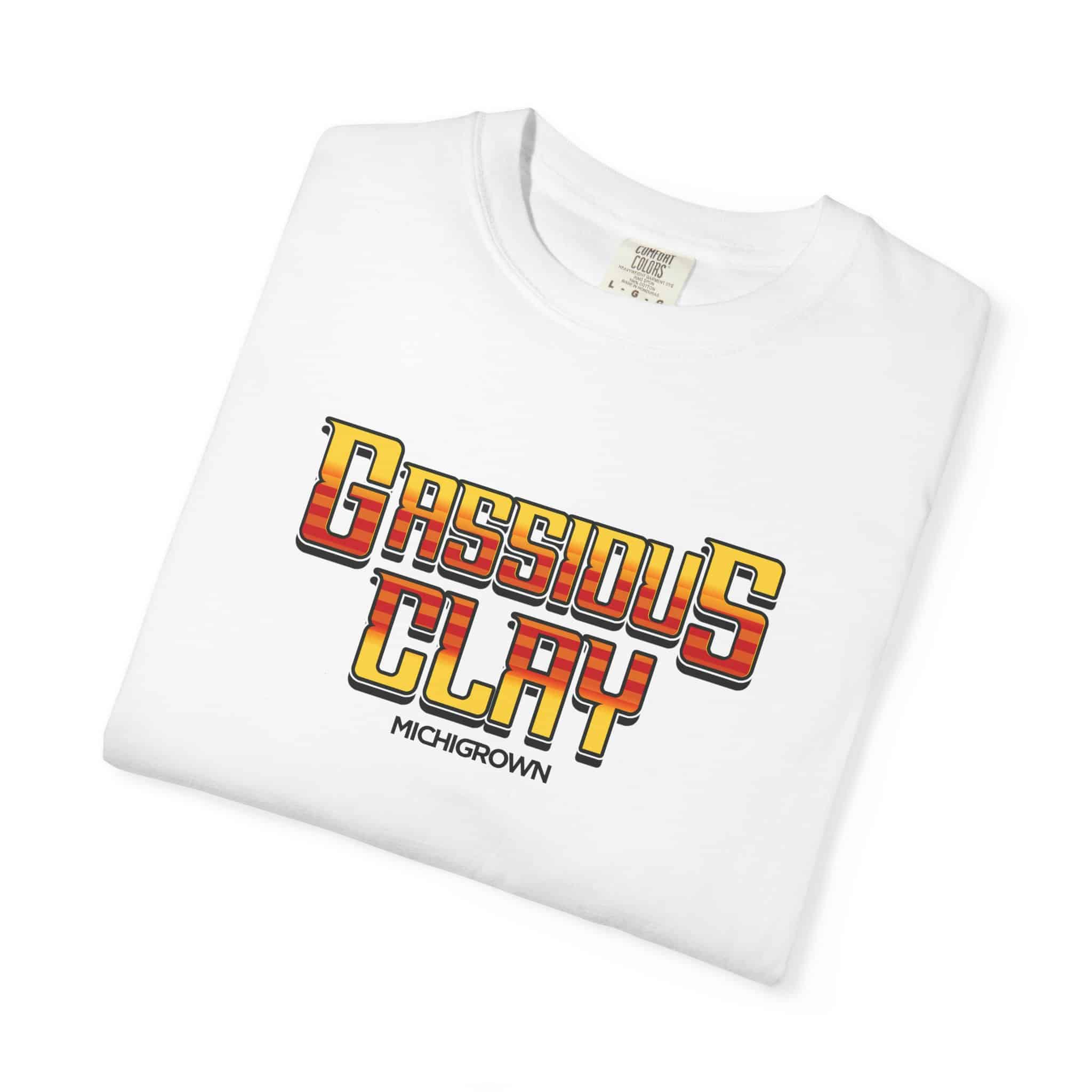 White T-shirt with Gassious Clay graphic and Michigan logo.