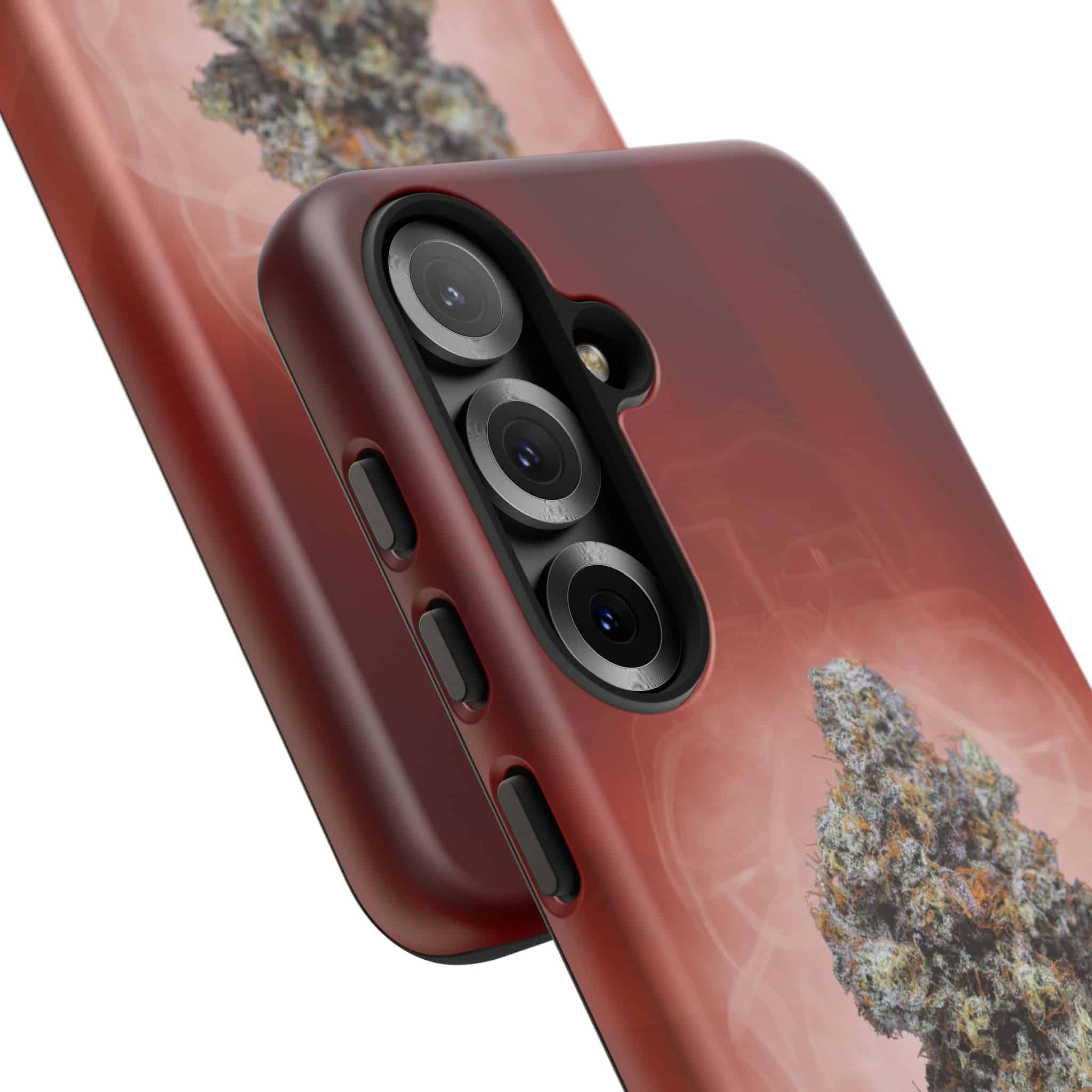 Red cannabis-themed phone case with triple camera cutout.