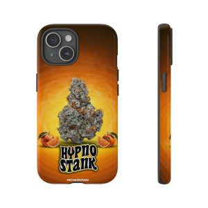 Phone case with Hypno Stank cannabis bud and orange background.