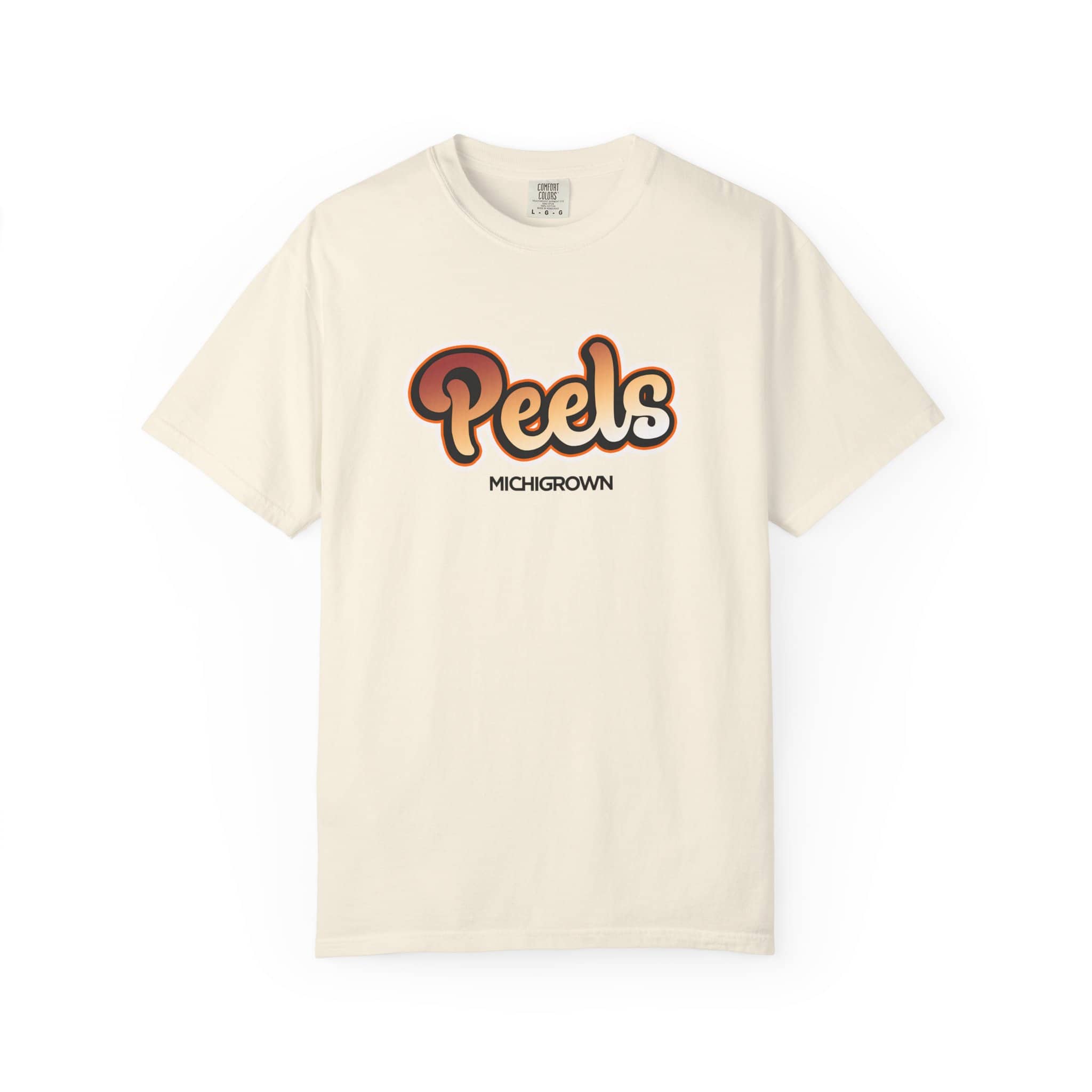Cream-colored T-shirt with 'Peels' logo and 'MICHIGROWN' text.
