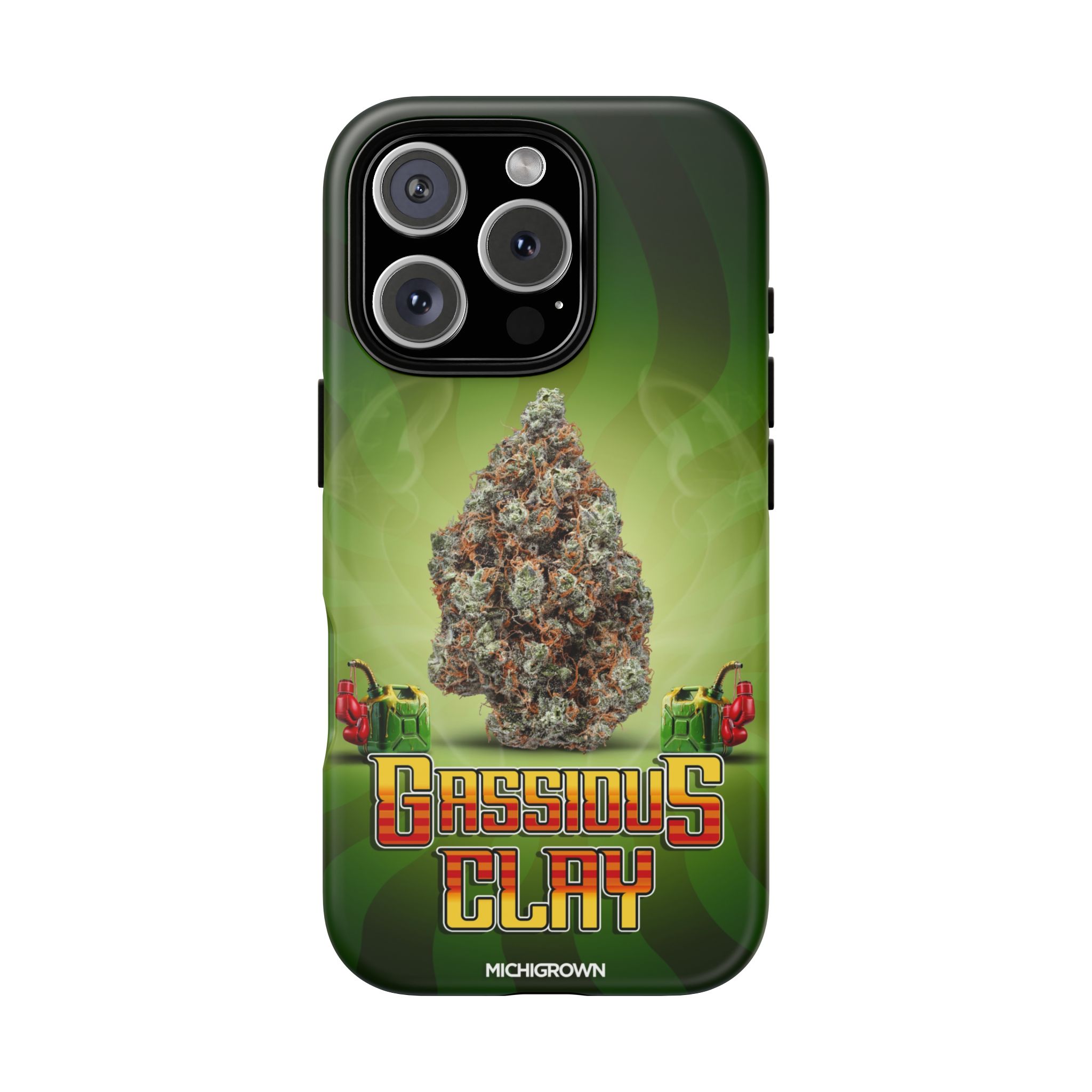 Phone case with Gassious Clay logo and cannabis image.