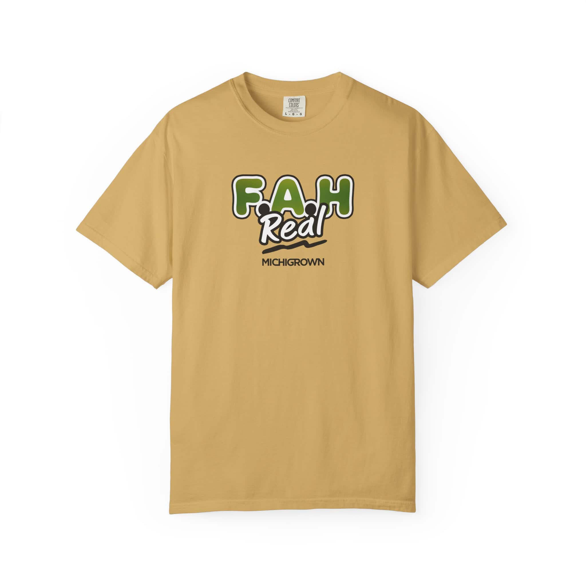 Beige T-shirt with F.A.H. Real Michigan graphic print.