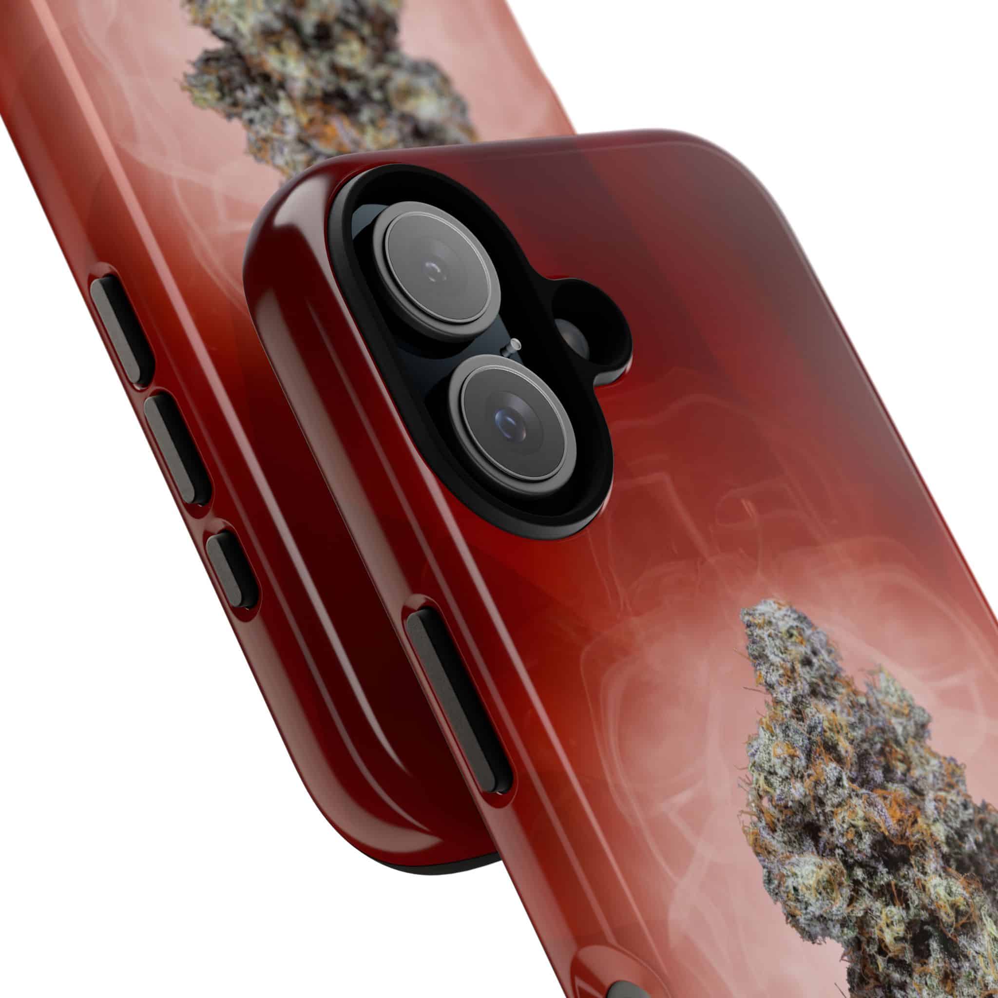 Red phone case with cannabis plant design for iPhone.