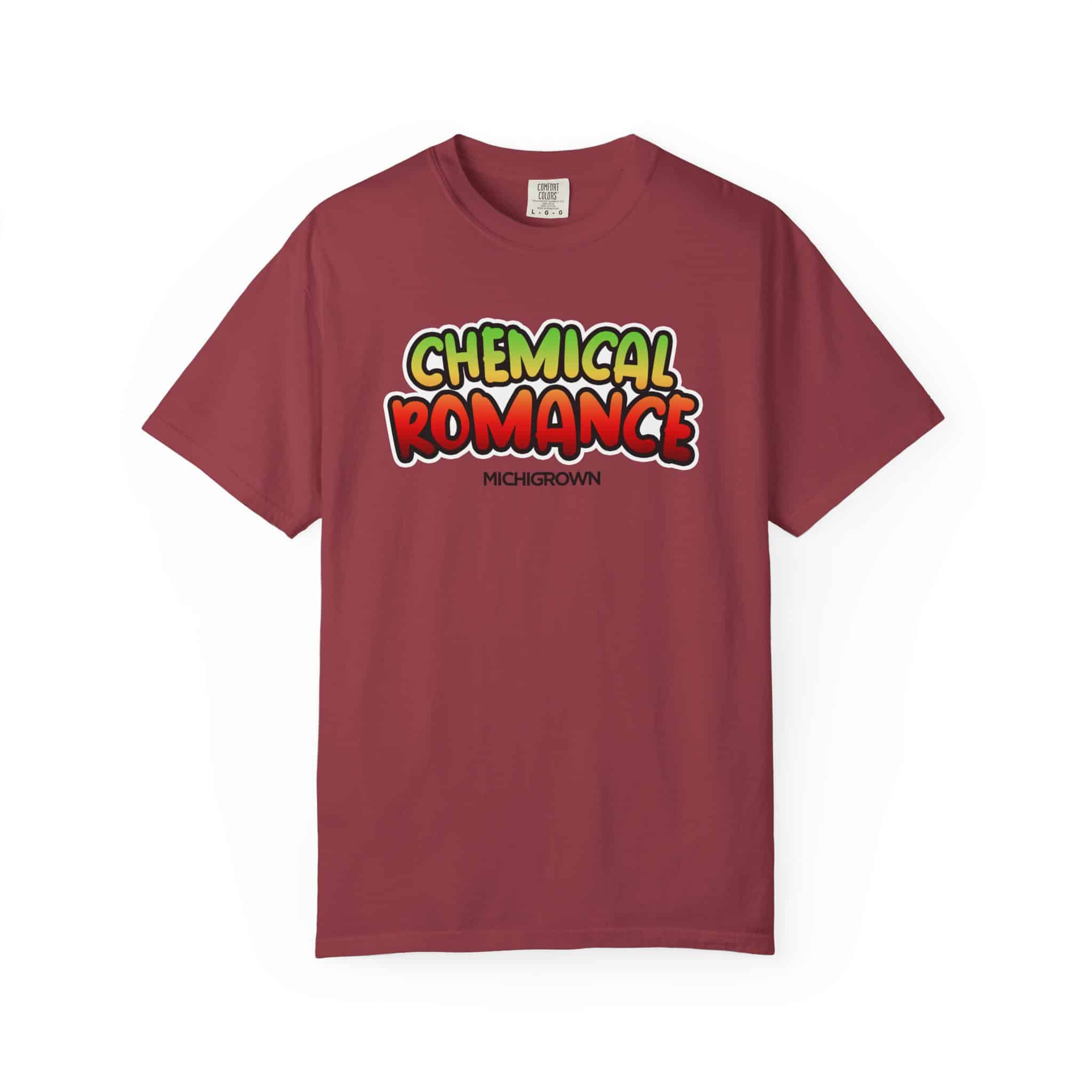 Red T-shirt with 'Chemical Romance' graphic design in colorful letters.
