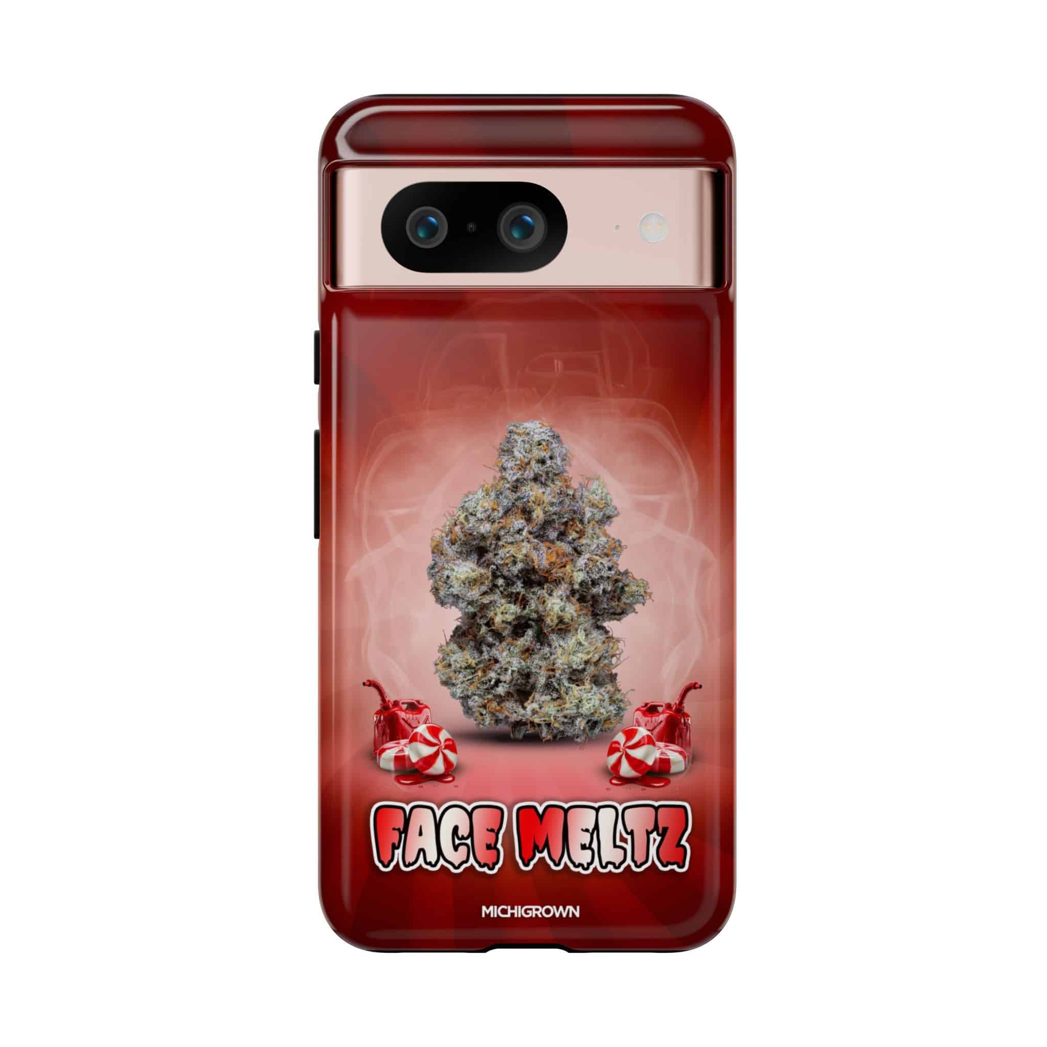 Red phone case with cannabis bud and FACE MELTZ logo for FACE MELTZ Tough Cases.
