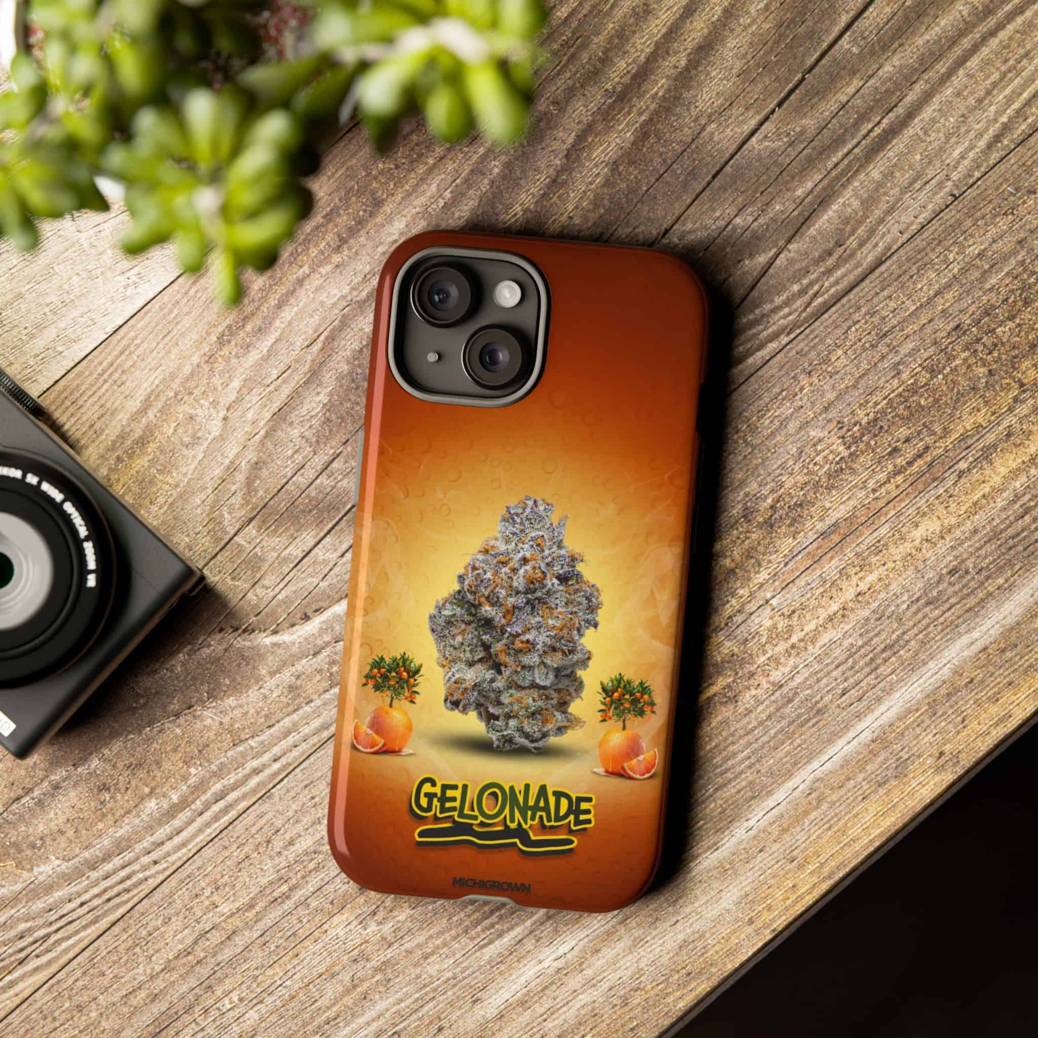 Phone case featuring cannabis bud and orange graphics for GELONADE.