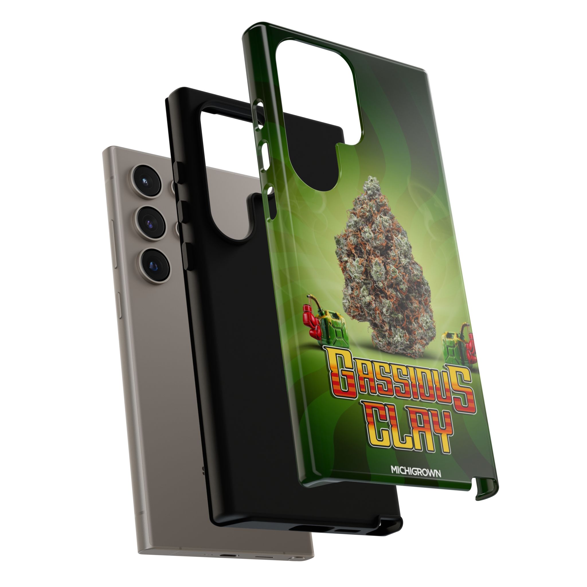 Custom phone case with Gassious Clay logo and cannabis image for Samsung Galaxy.