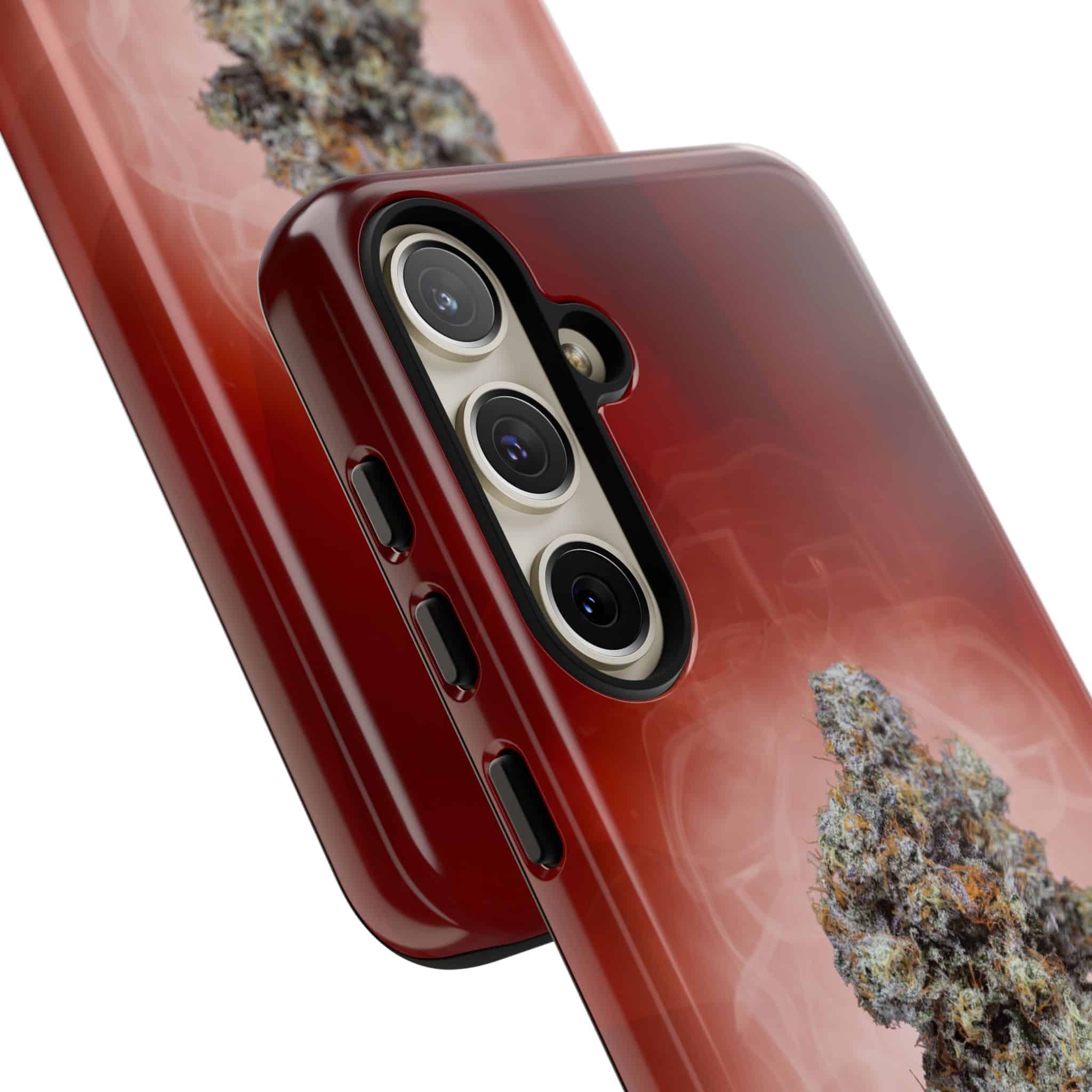 Red phone case with cannabis bud design for iPhone.