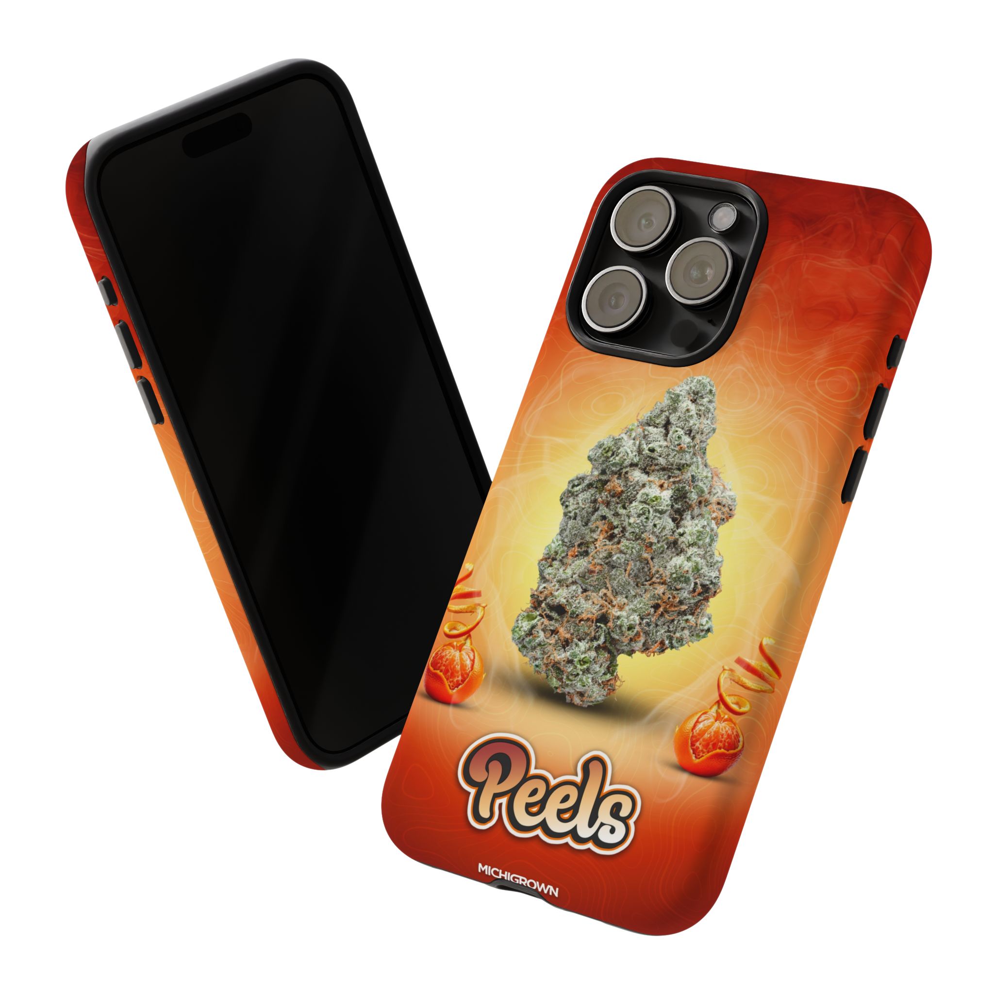Phone case featuring cannabis bud and Peels logo for PEELS PHONE CASE post.