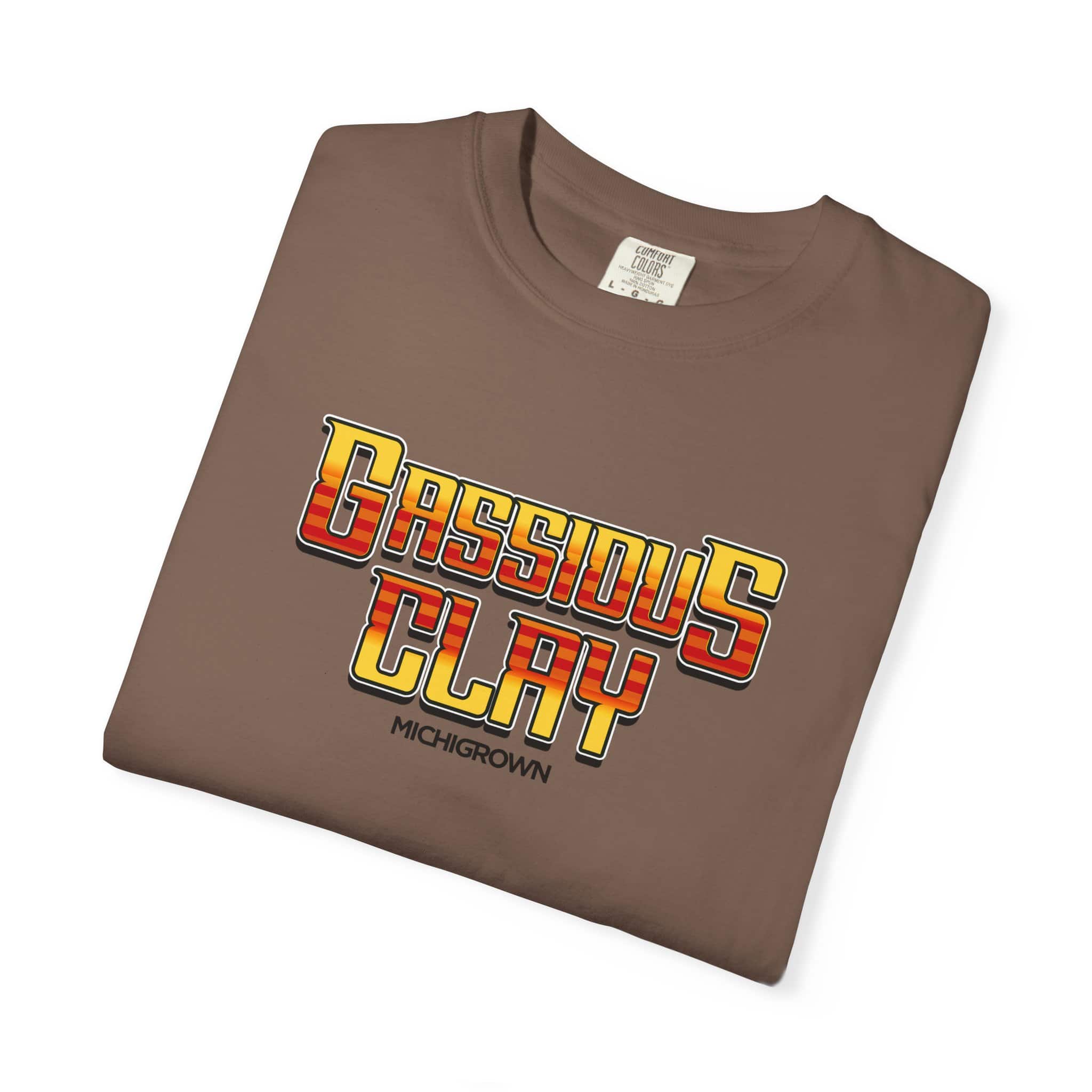 Brown Gassious Clay T-shirt with bold logo from Michigrown.