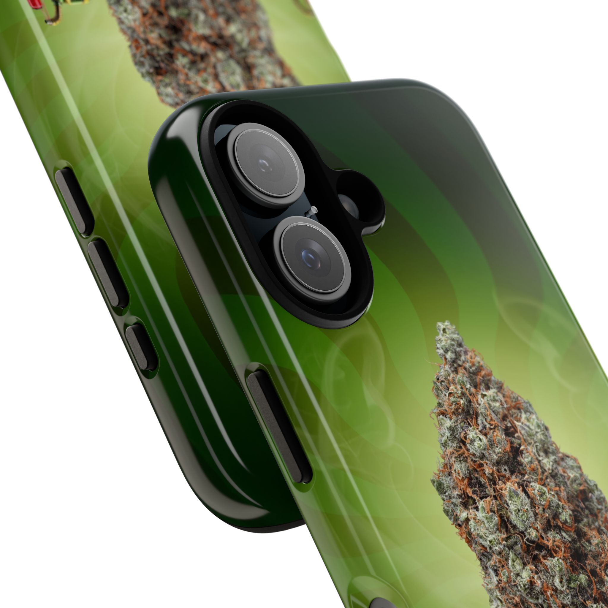 Green cannabis-themed phone case with marijuana leaf design.