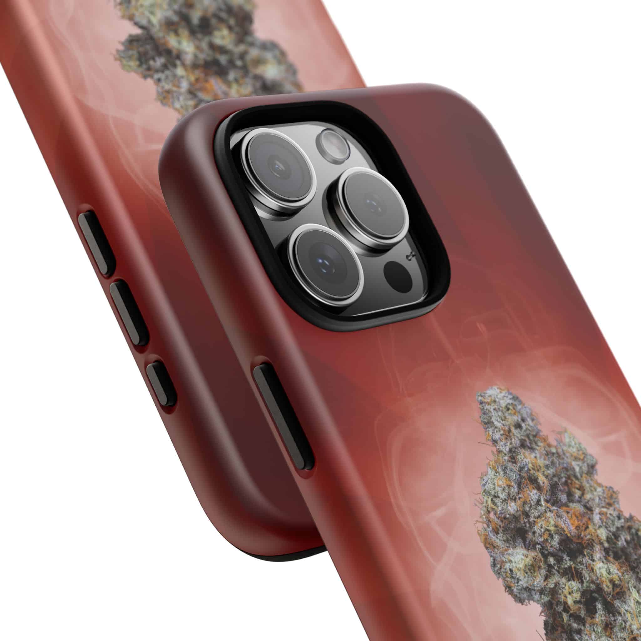 Red phone case with cannabis plant design for iPhone 13 Pro.