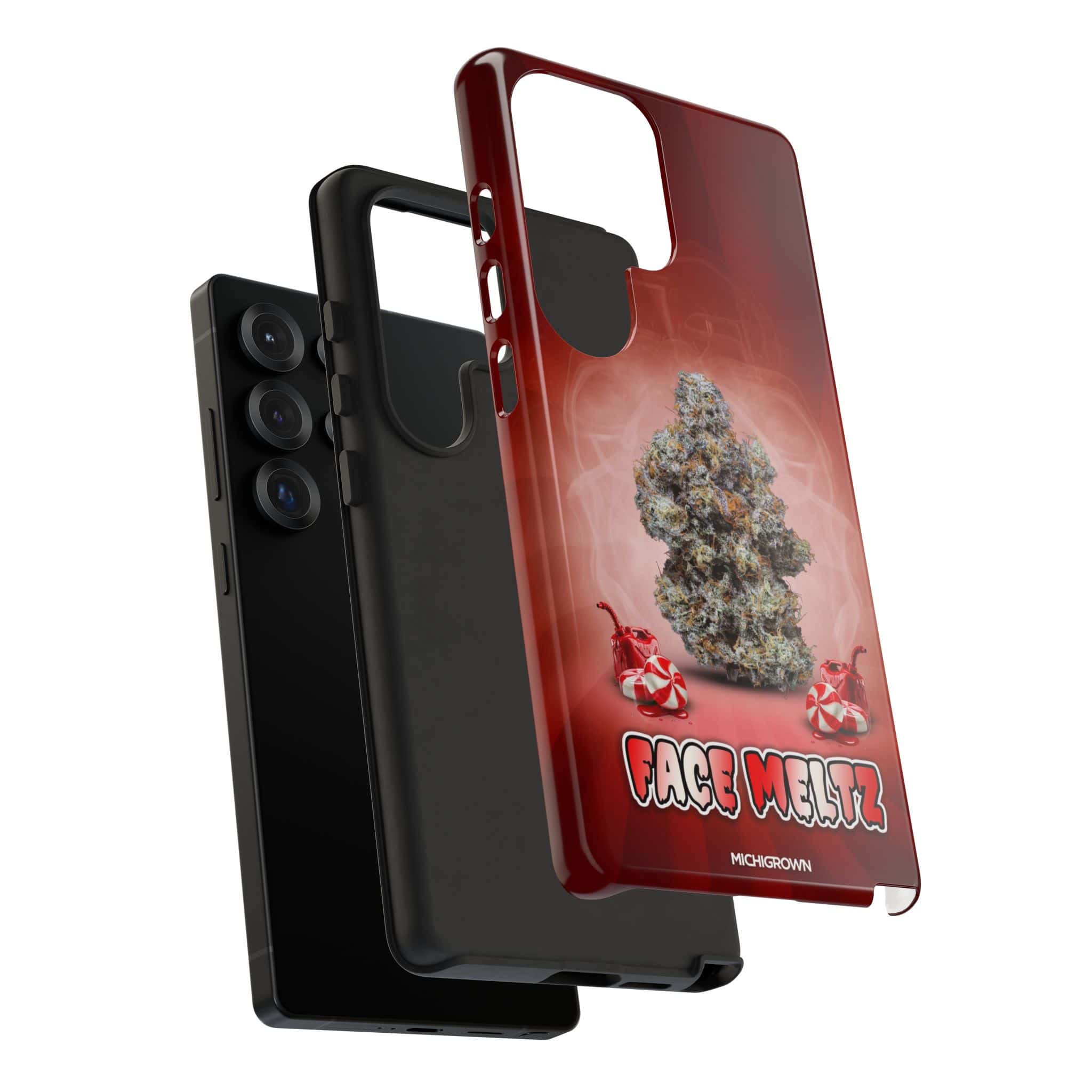 Red phone case with cannabis bud and FACE MELTZ logo for iPhone.