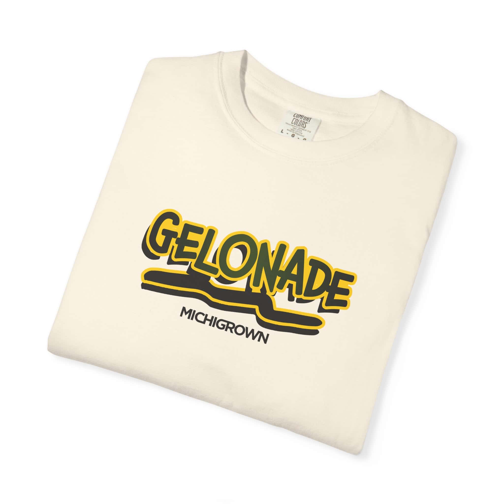 Cream-colored T-shirt with Gelonade and Michigan graphic design.