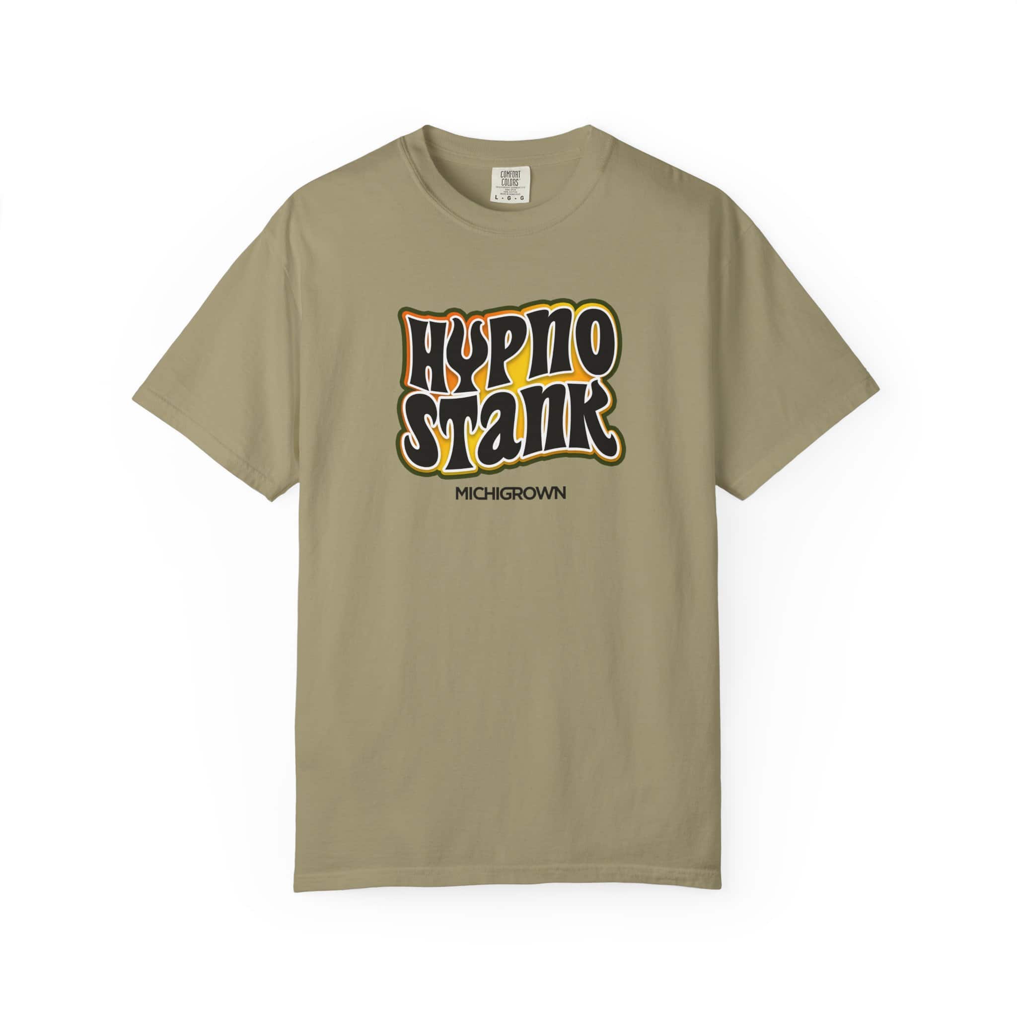 Beige T-shirt with Hypno Stank logo in bold black and orange text.