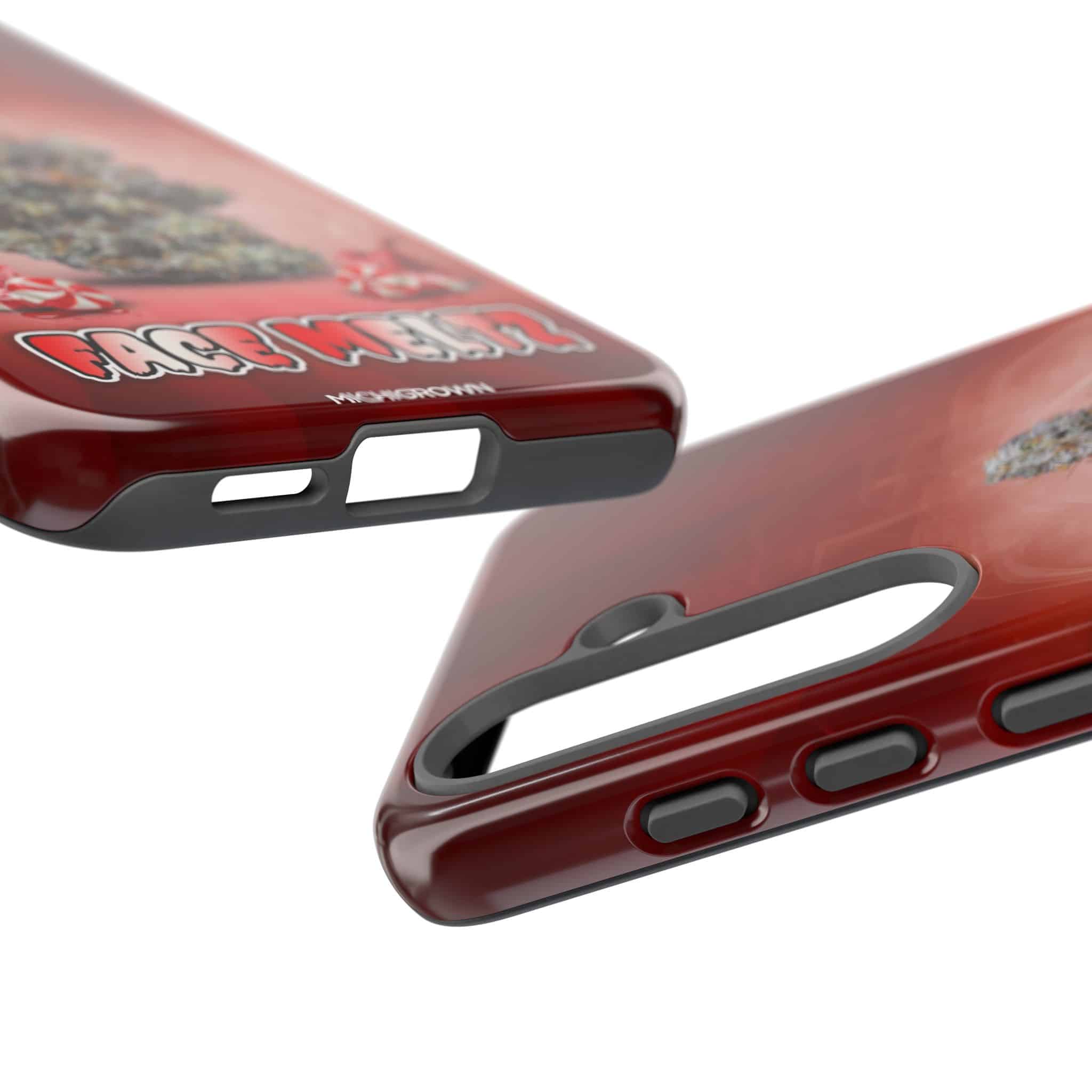 Red phone case with graphic design and cutouts for camera and buttons.