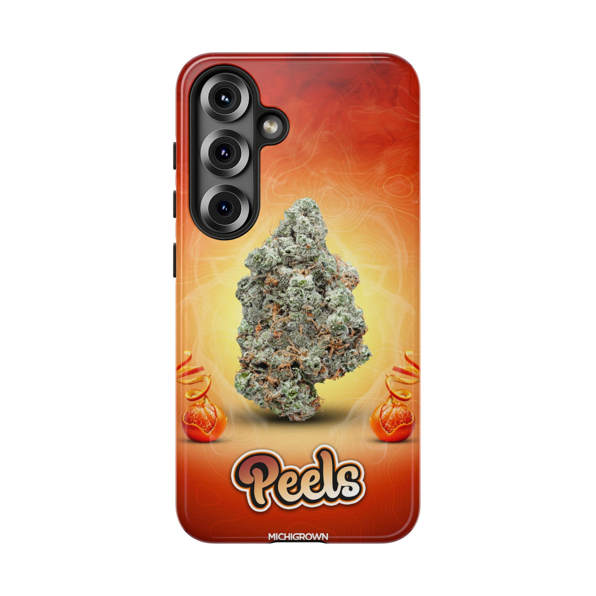 Phone case featuring cannabis bud and PEELS logo for PEELS PHONE CASE.