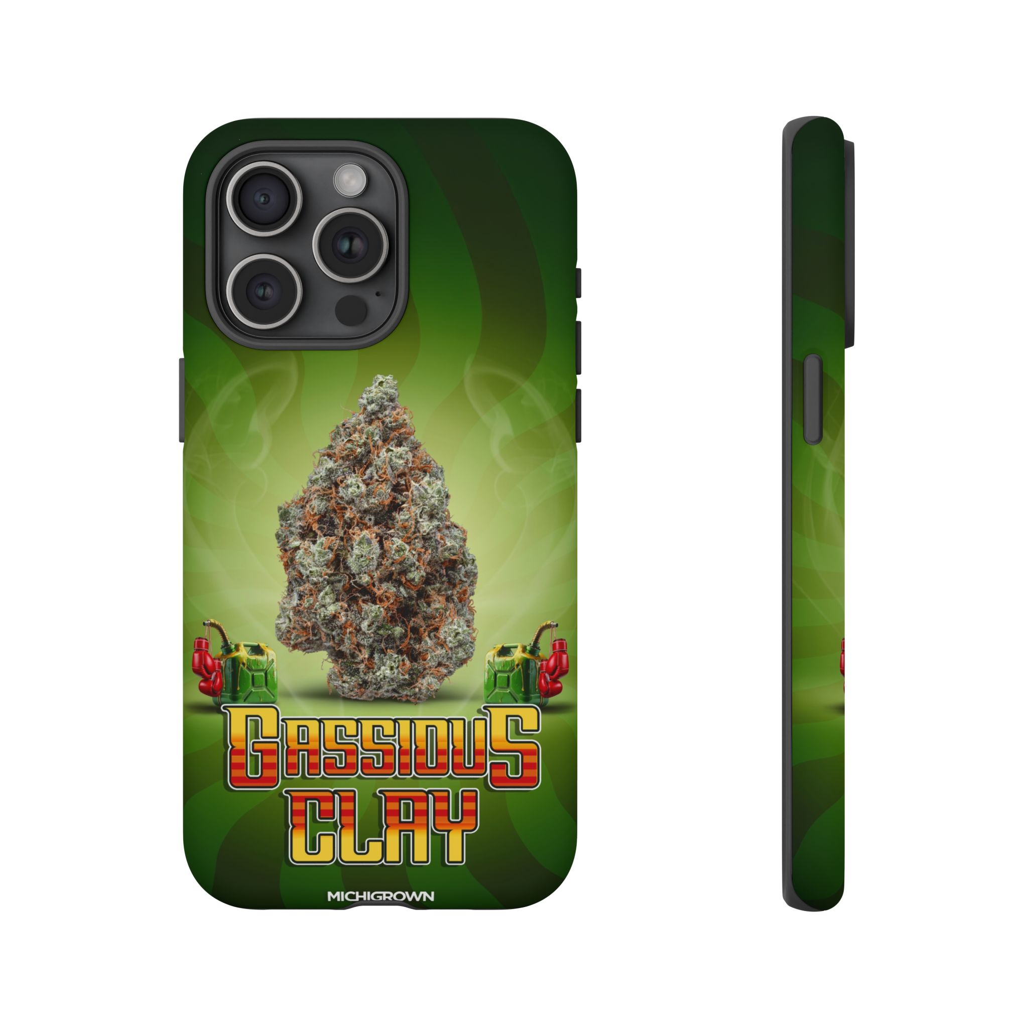 Phone case featuring Gassious Clay logo and cannabis imagery.