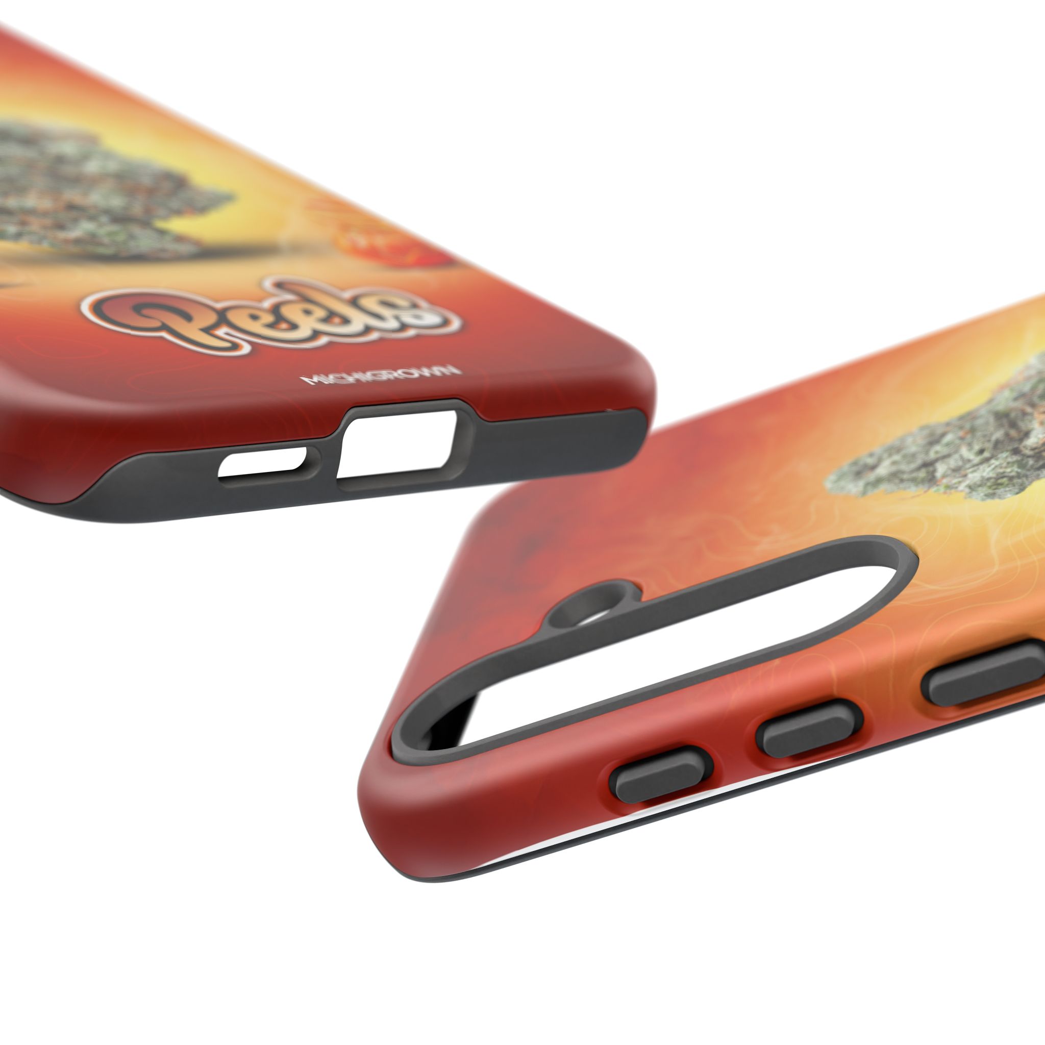 Phone case featuring Michigan map and fiery background design.
