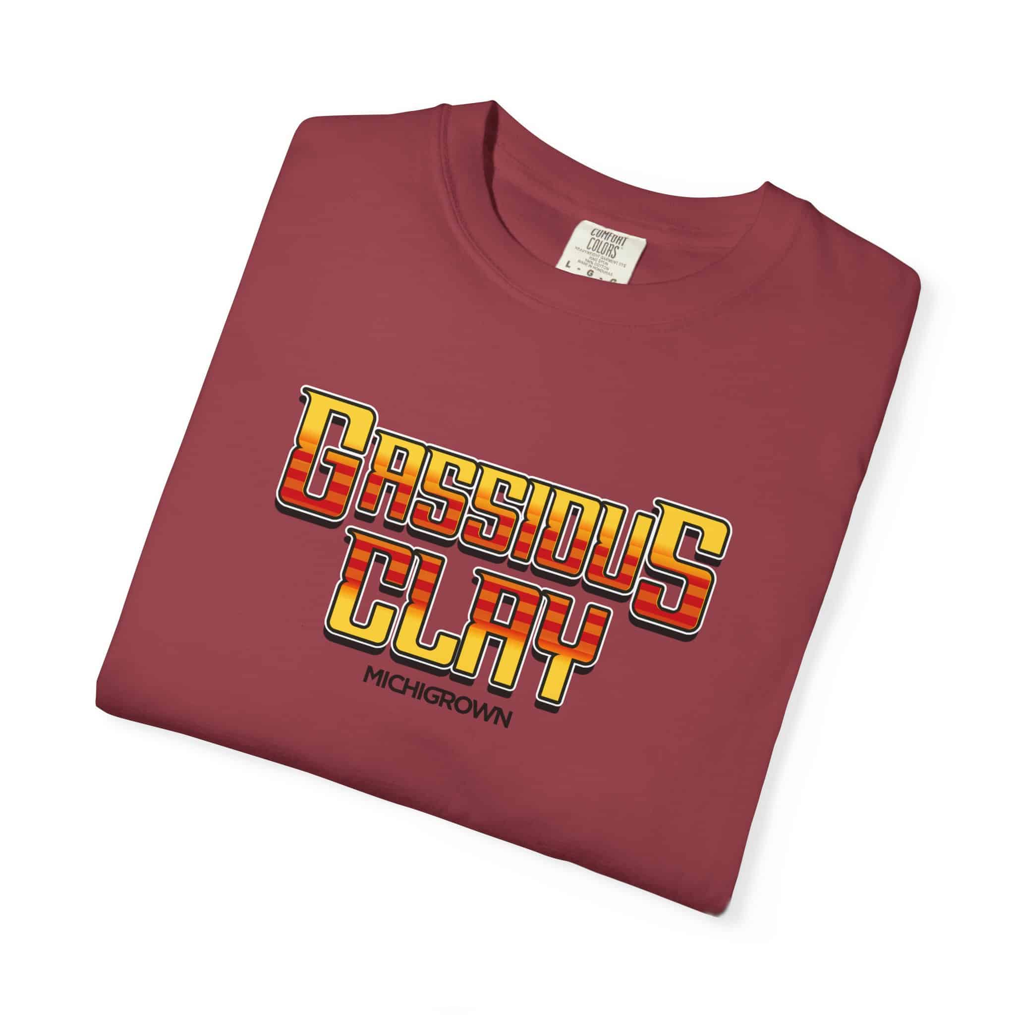 Red Gassious Clay T-shirt with bold yellow and red text design.