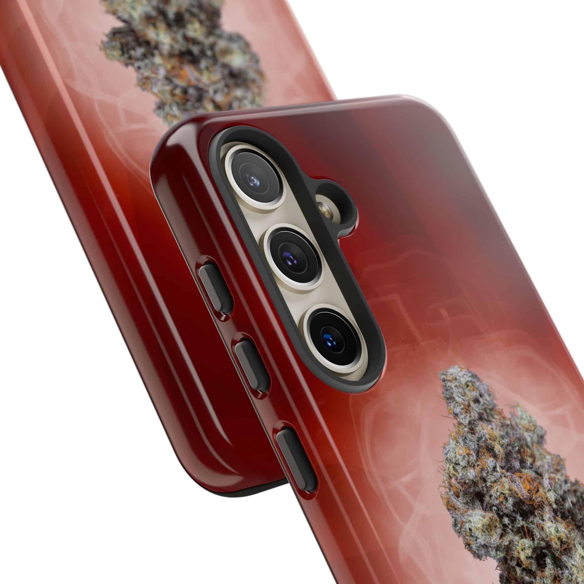 Red iPhone with Michigrown cannabis-themed tough case.