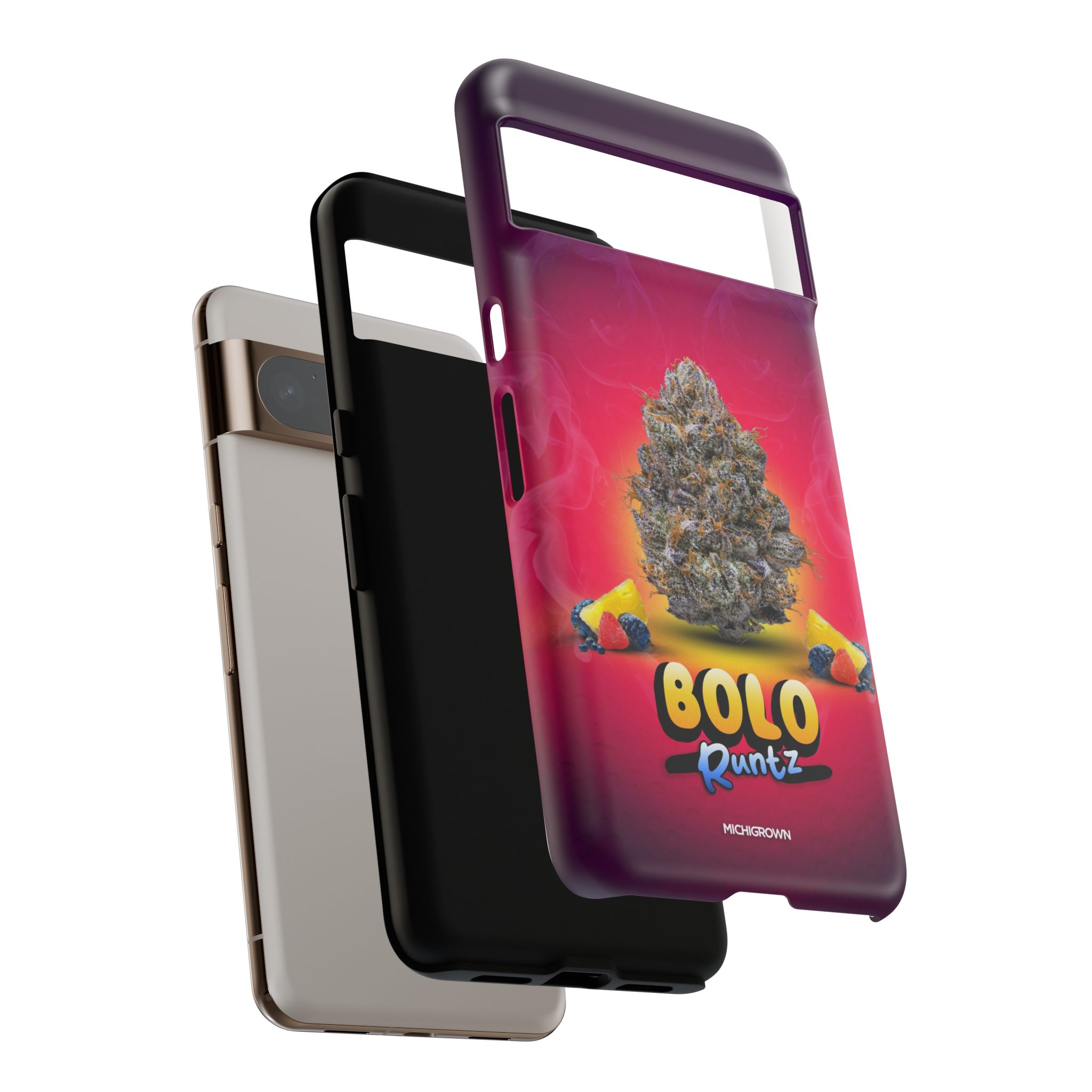 Colorful BOLO RUNTZ phone case with cannabis leaf design for iPhone.
