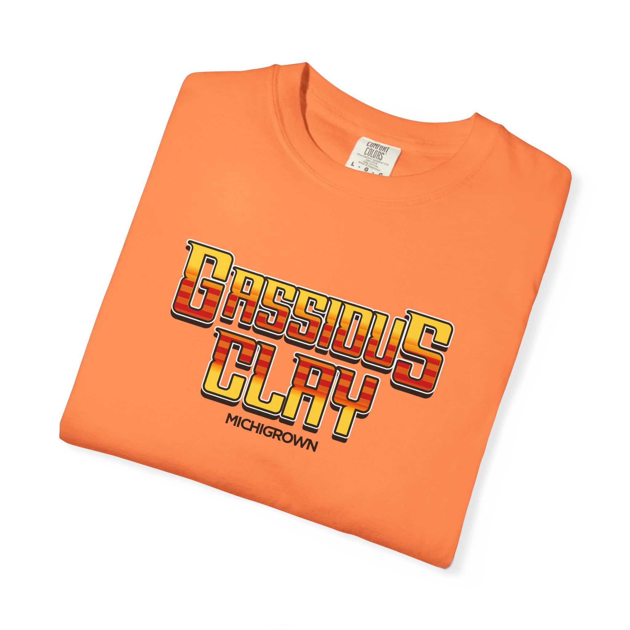 Orange Gassious Clay T-shirt with bold text design for Michigan fans.