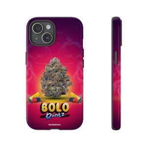 Colorful BOLO RUNTZ phone case with cannabis leaf graphic and vibrant background.