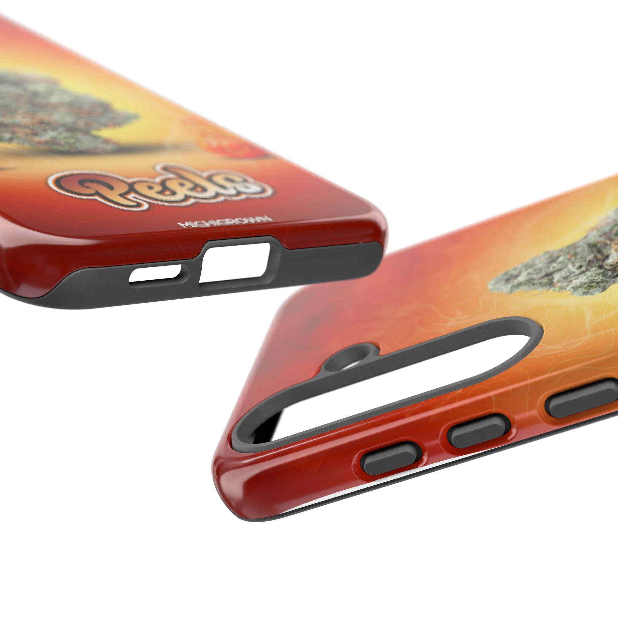 Colorful Peels phone case featuring volcano artwork and cutouts for camera and buttons.
