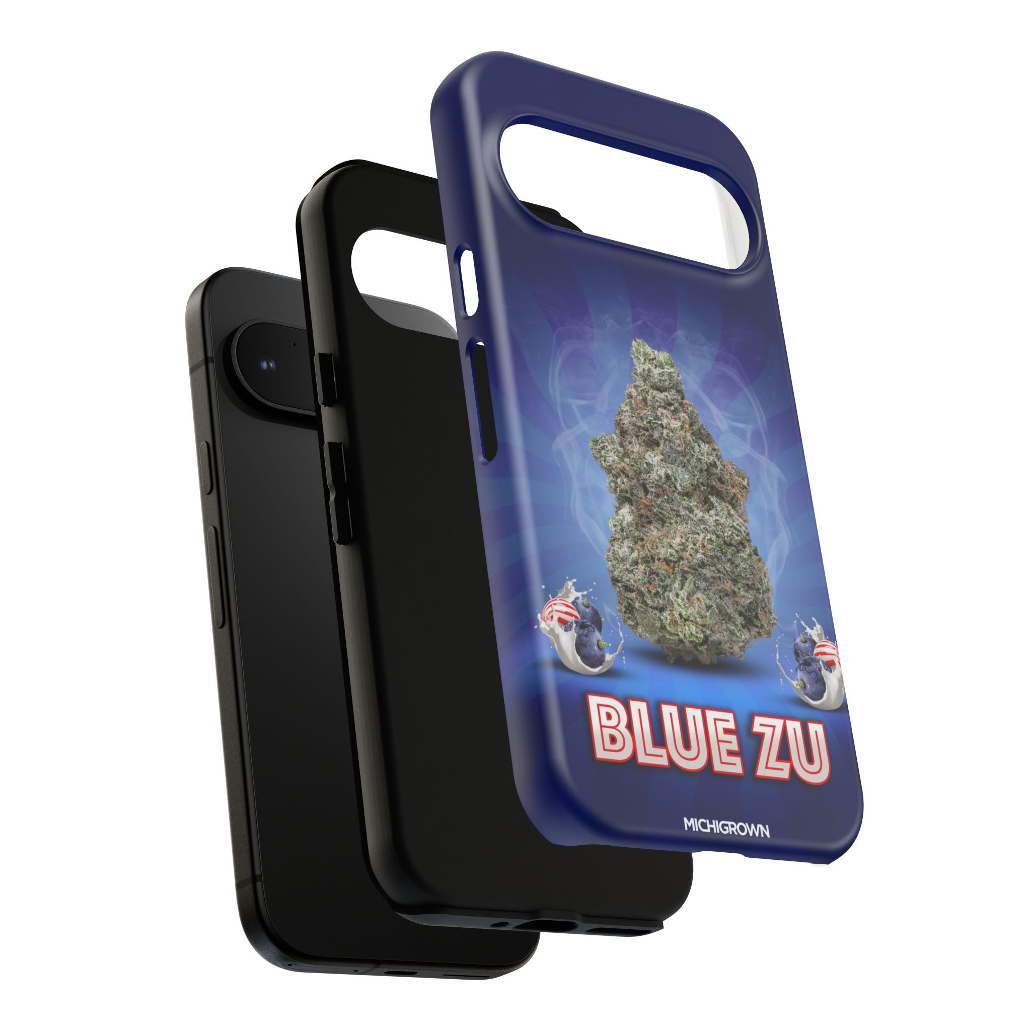 Blue Zu phone case with cannabis leaf design for iPhone.