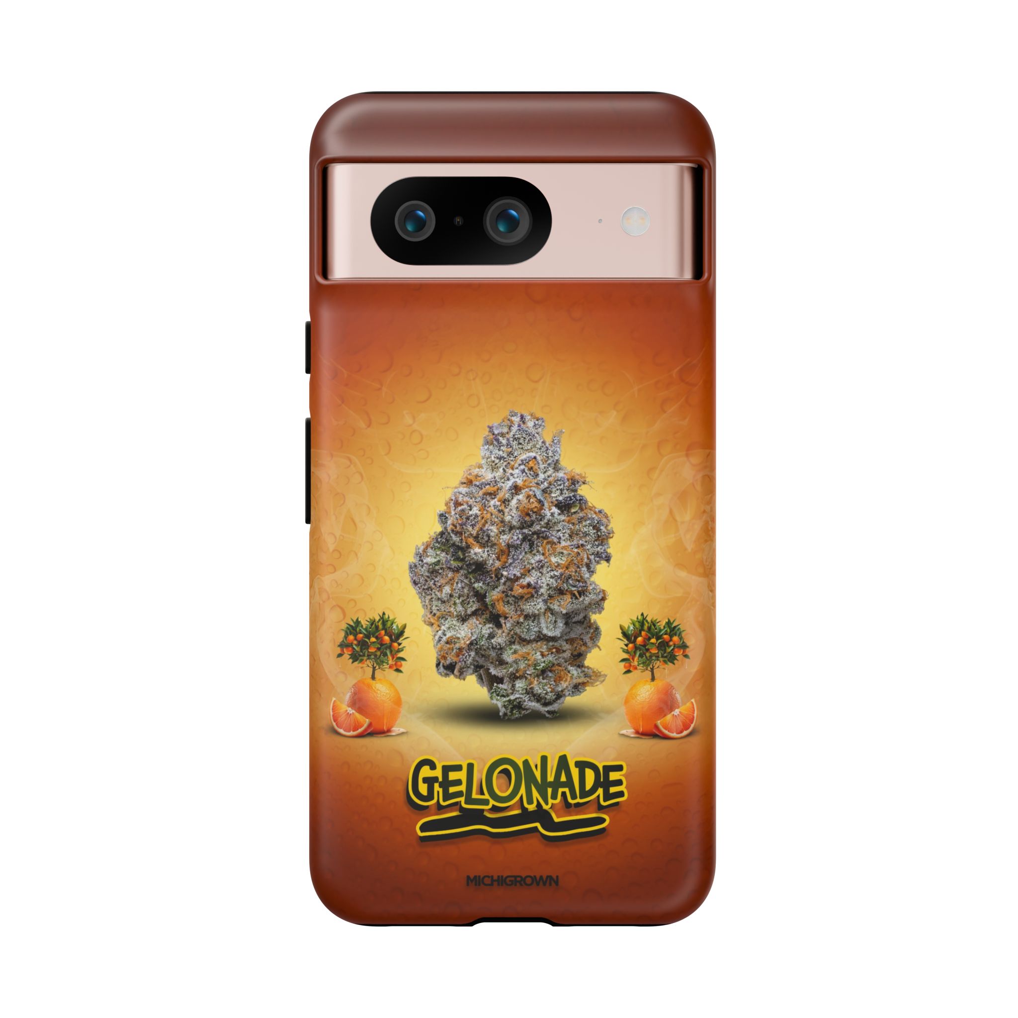 Phone case featuring cannabis buds and oranges on an orange background.