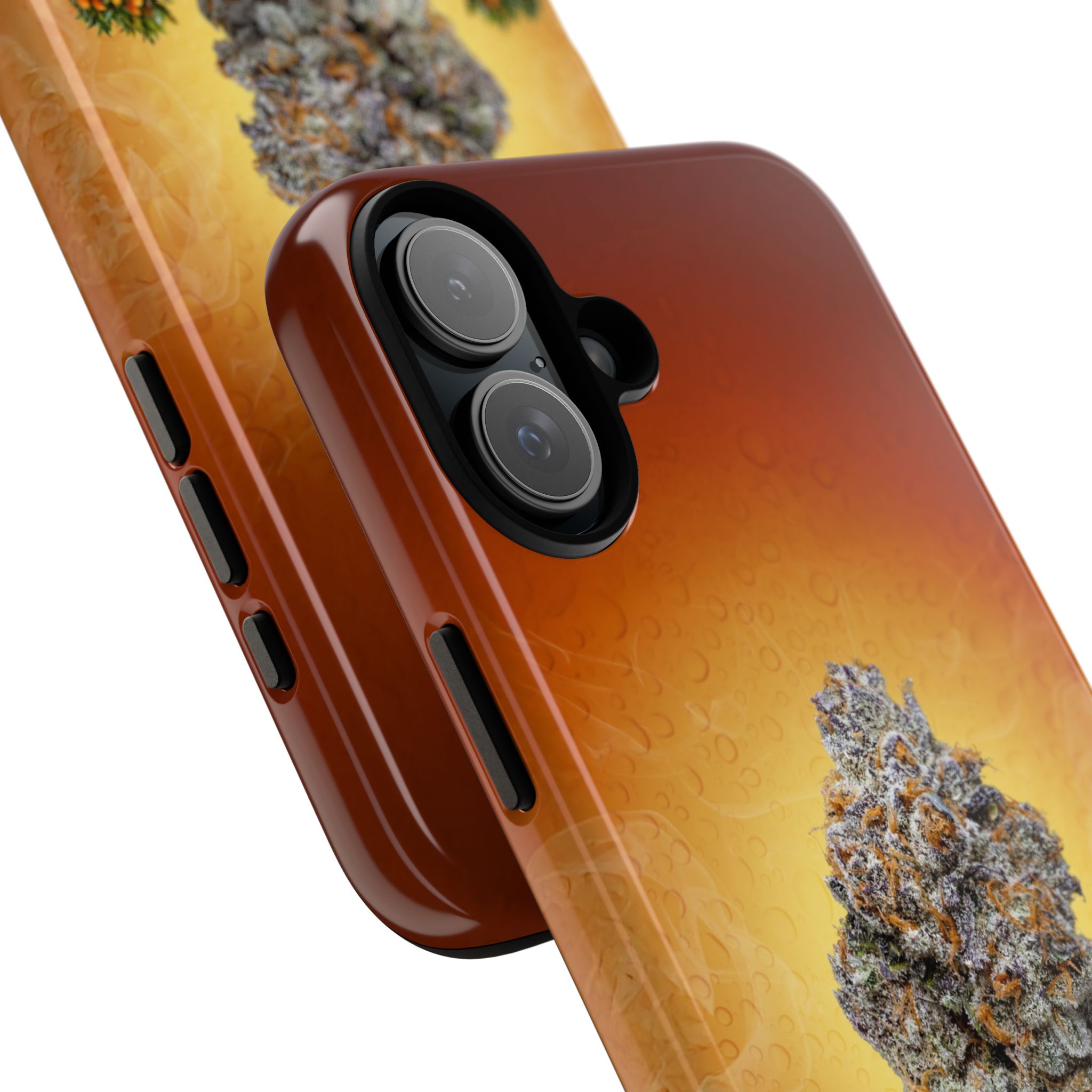 Close-up of GELONADE phone case featuring cannabis plant artwork.