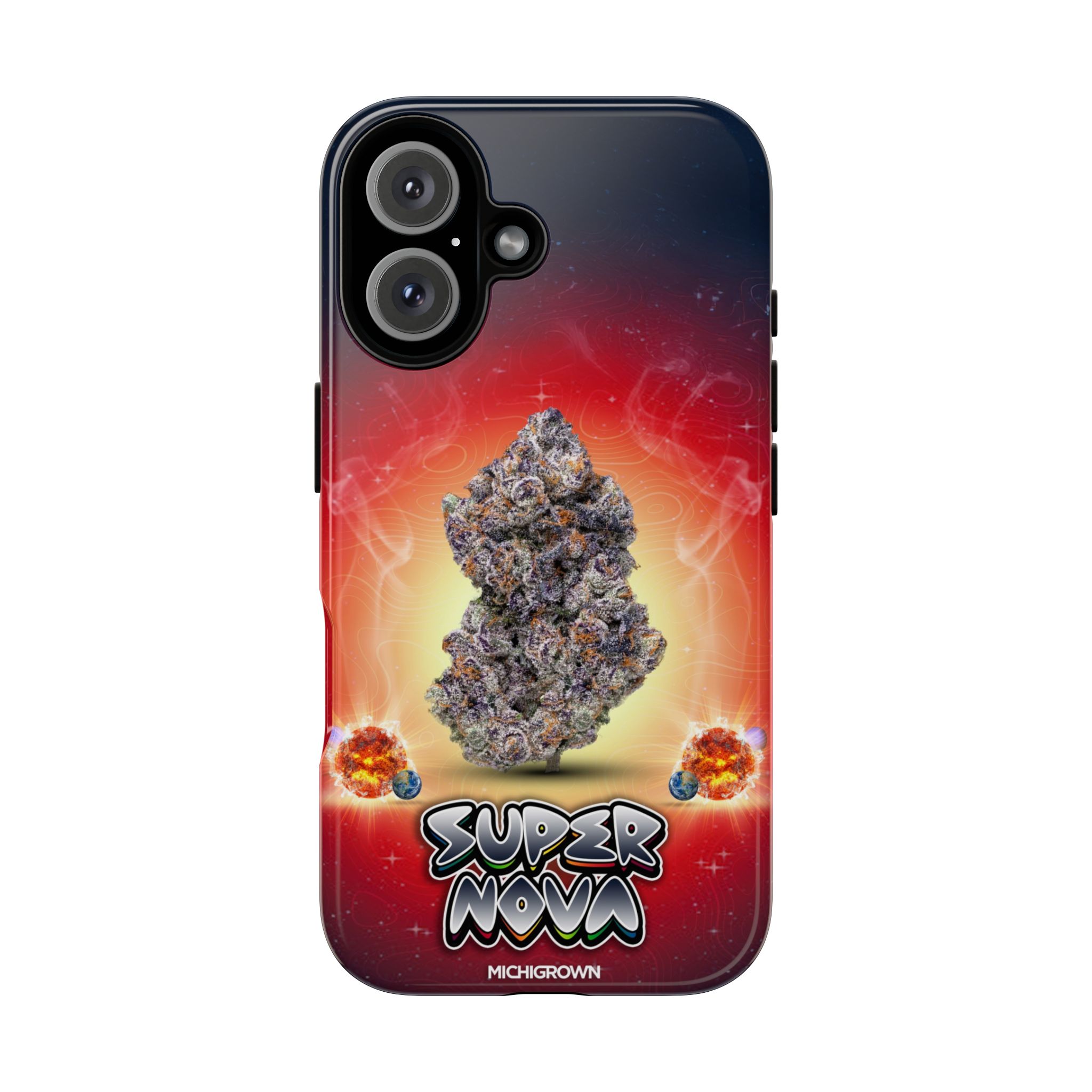 Phone case featuring a cannabis bud and cosmic background for Super Nova.