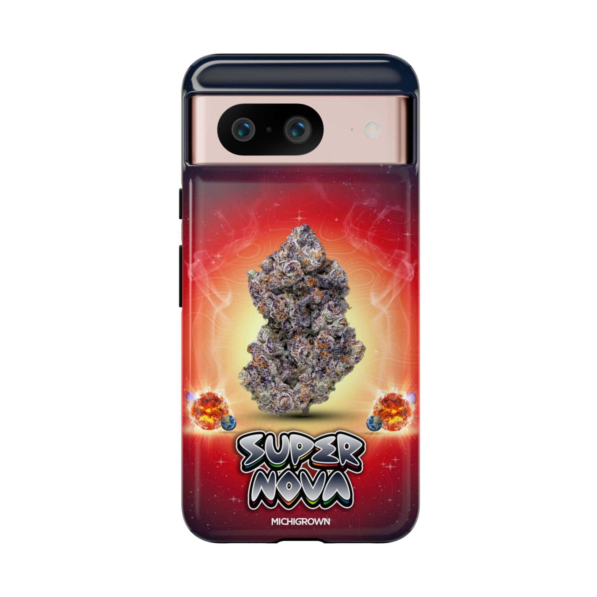 Phone case featuring a cannabis nugget and fiery background for Super Nova.