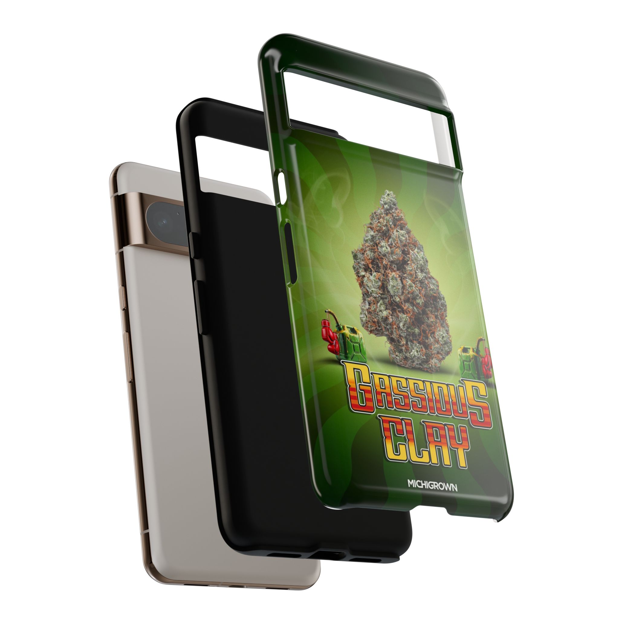 Three phone cases with Gassious Clay design in black, white, and green colors.