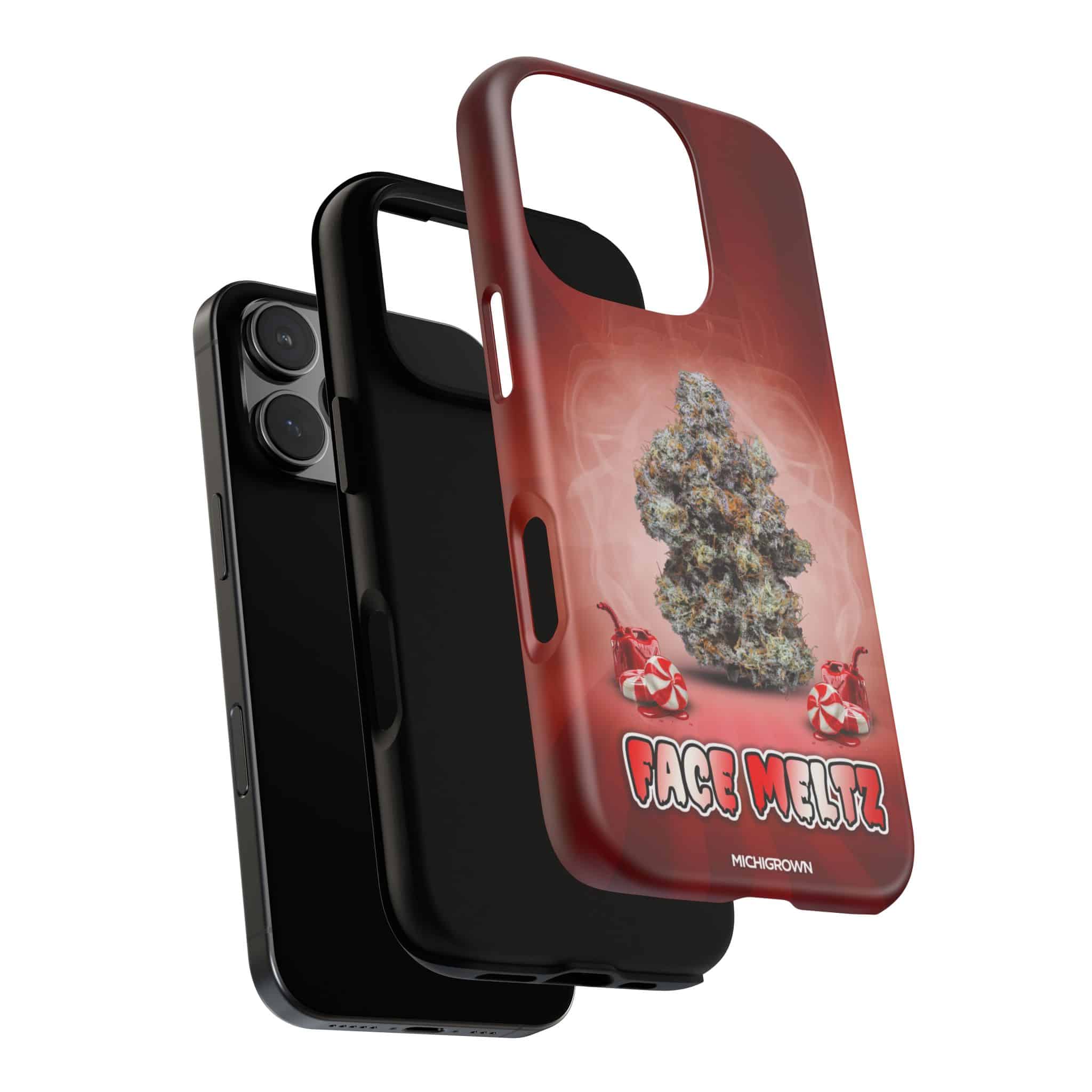 Cannabis-themed phone case with face meltz logo and marijuana leaf design.