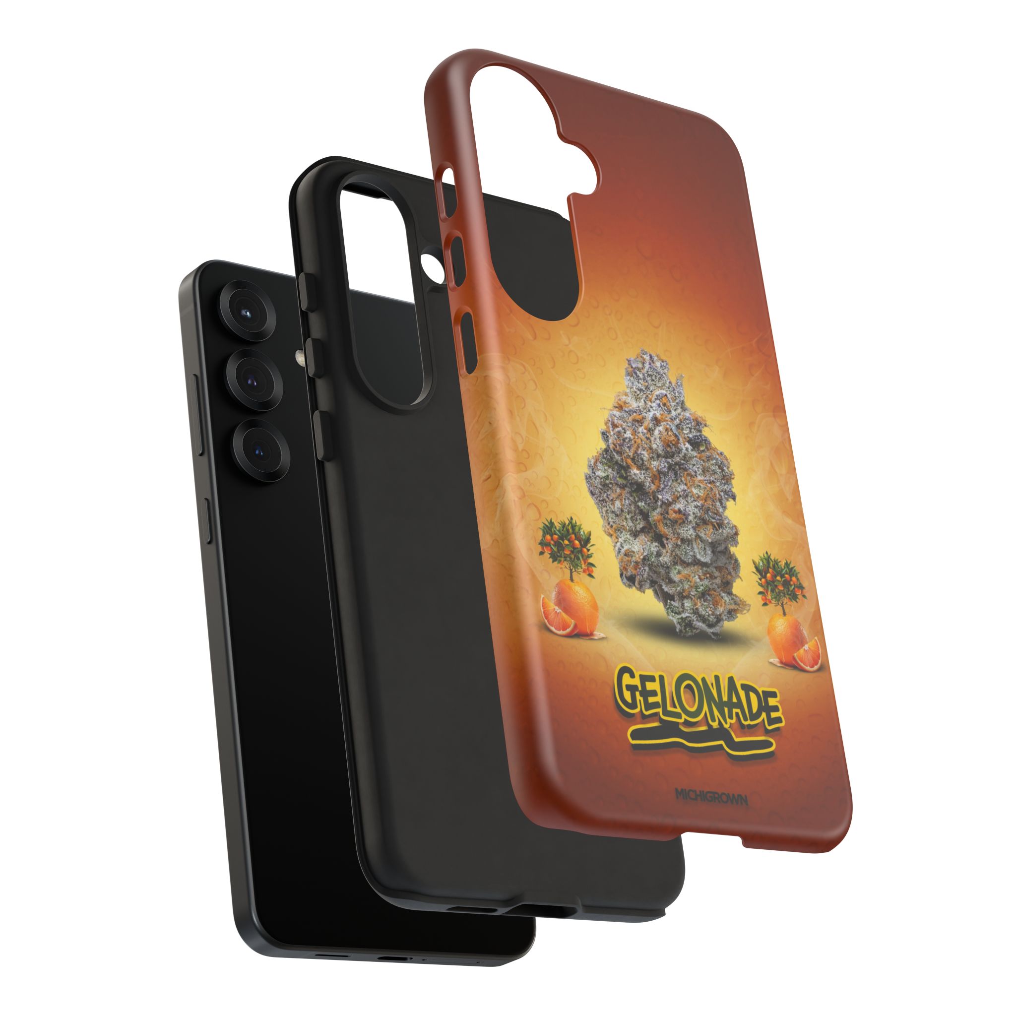 Custom phone case with gelonade logo and cannabis design for iPhone.