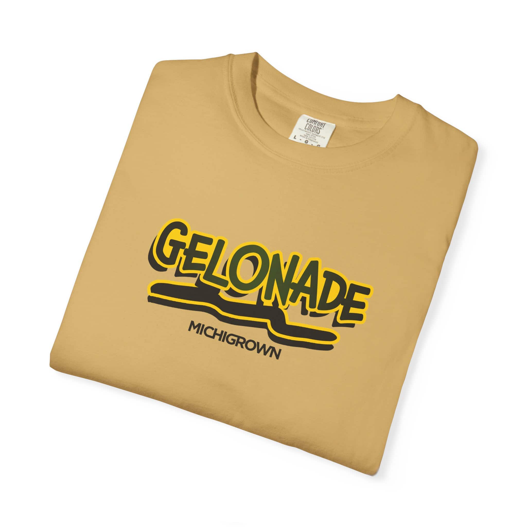 Beige T-shirt with Gelonade logo and Michigrown branding.