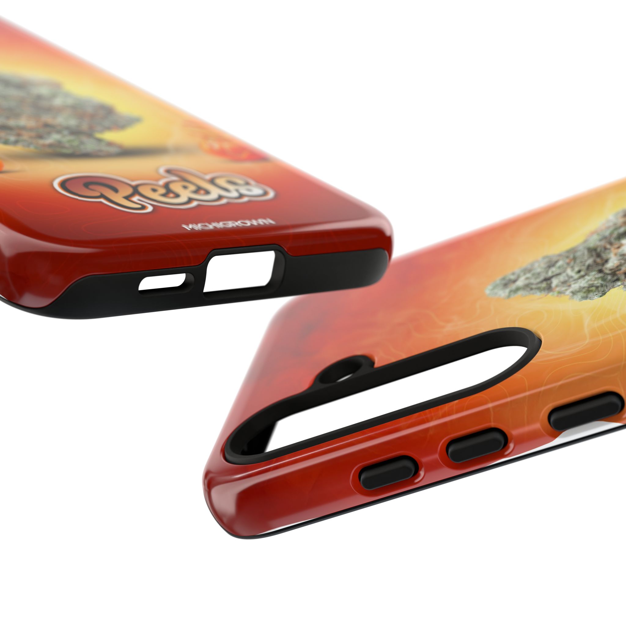 Close-up of a phone case with a fiery design and Peels logo.