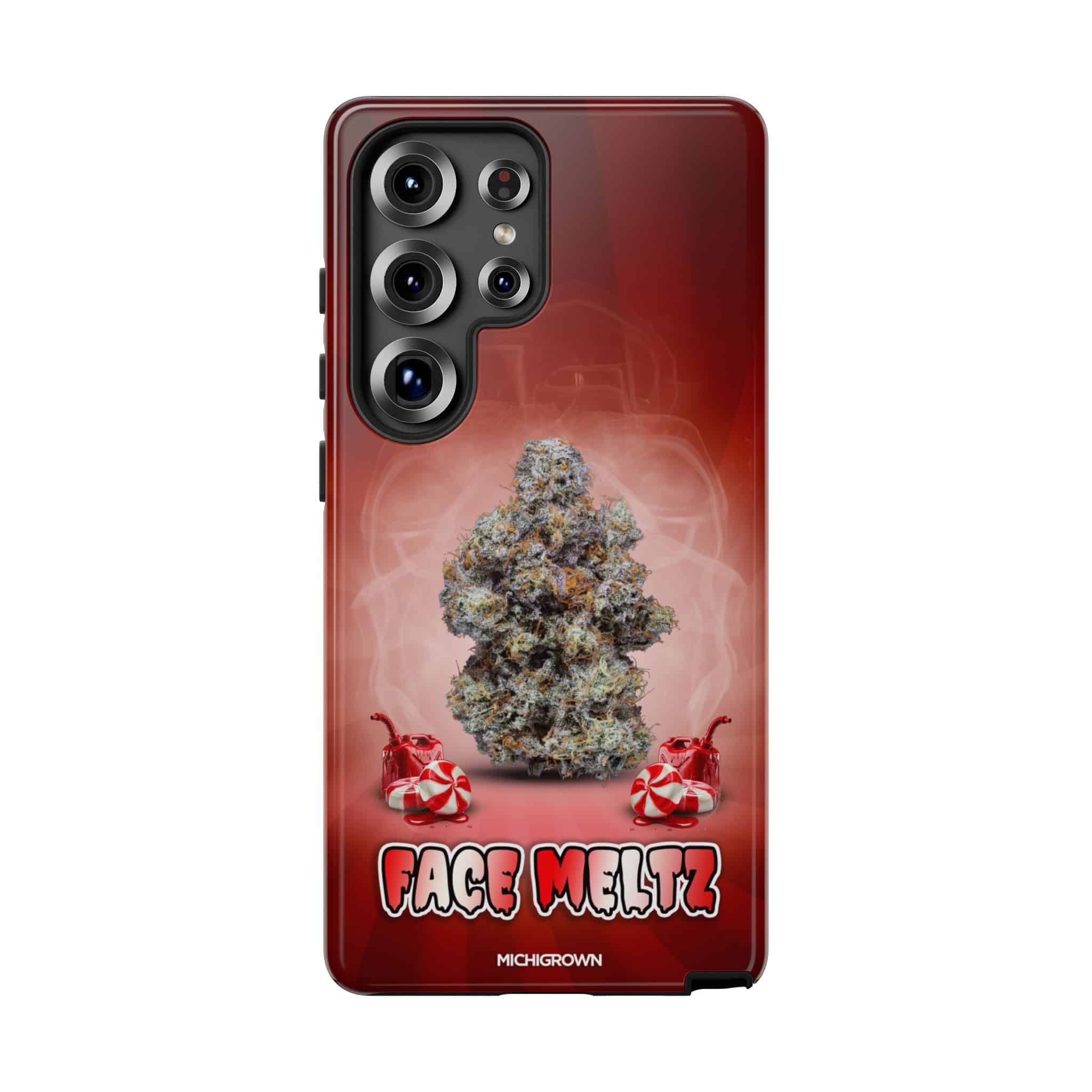 Phone case with cannabis bud and Face Meltz logo for FACE MELTZ Tough Cases.