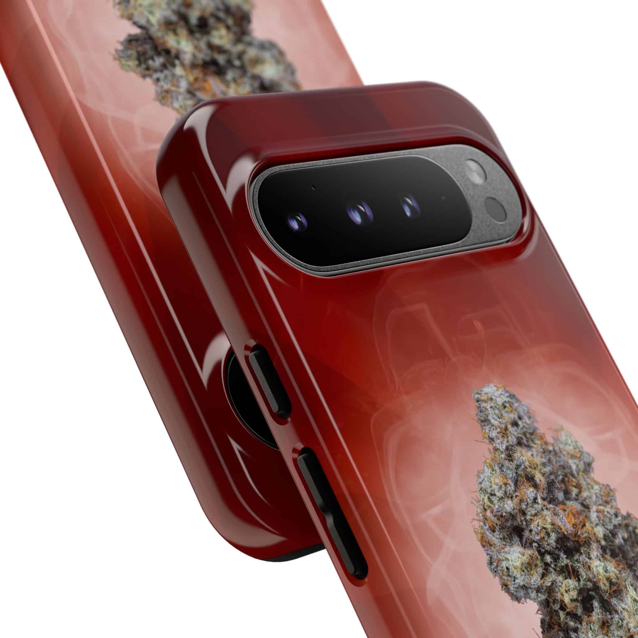 Red phone case with cannabis leaf design for iPhone.