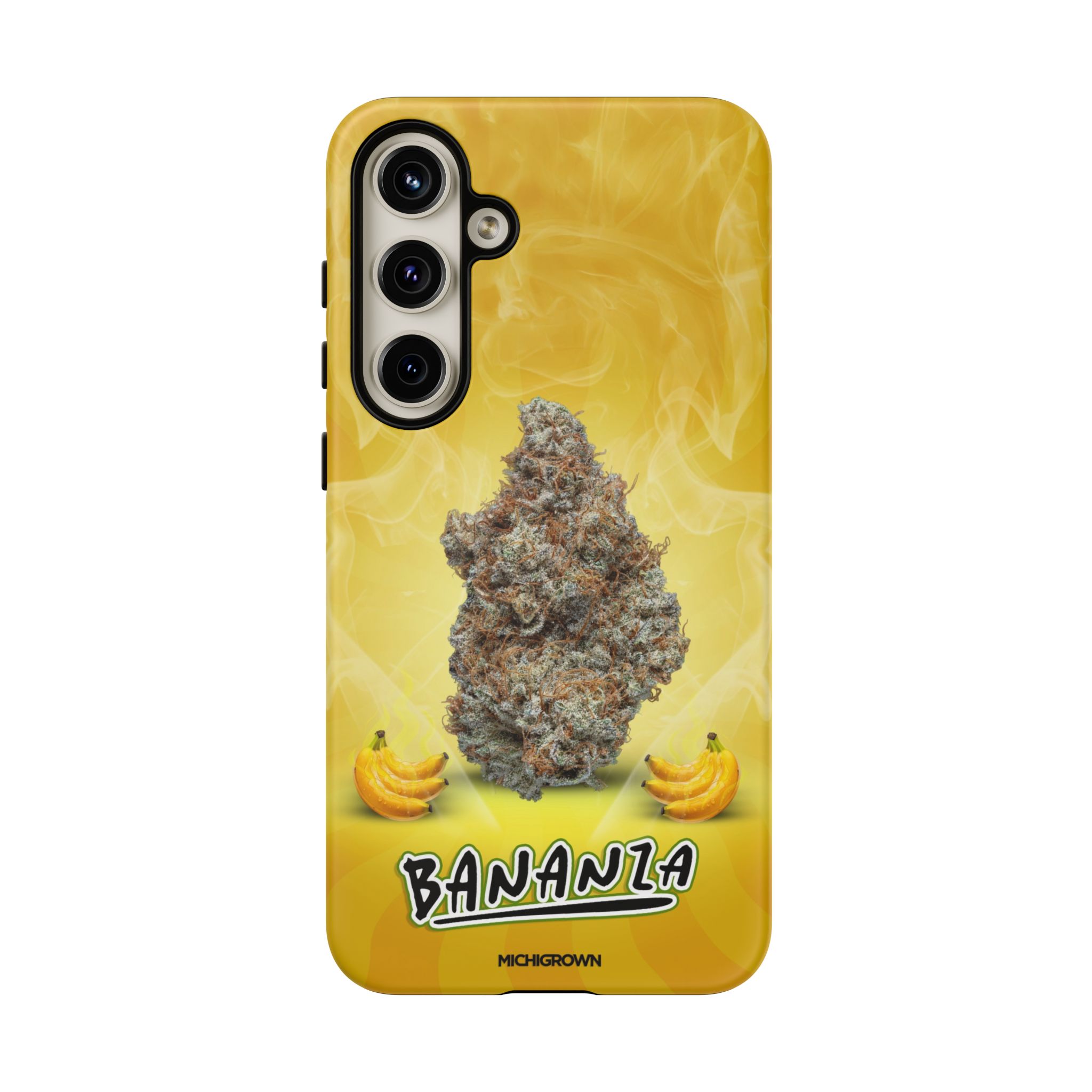 Yellow phone case with cannabis bud and banana graphics for BANANAZA PHONE CASE.