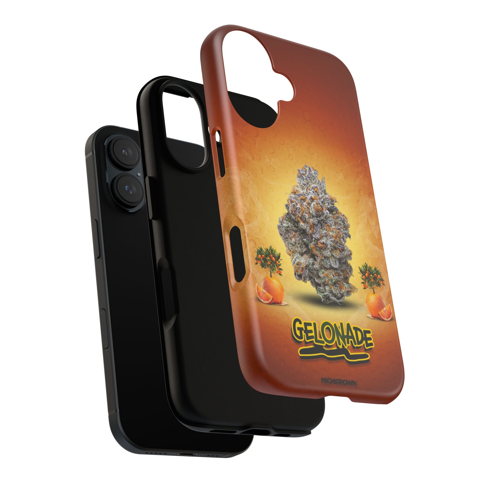 Phone case featuring cannabis bud and sunset background for iPhone.