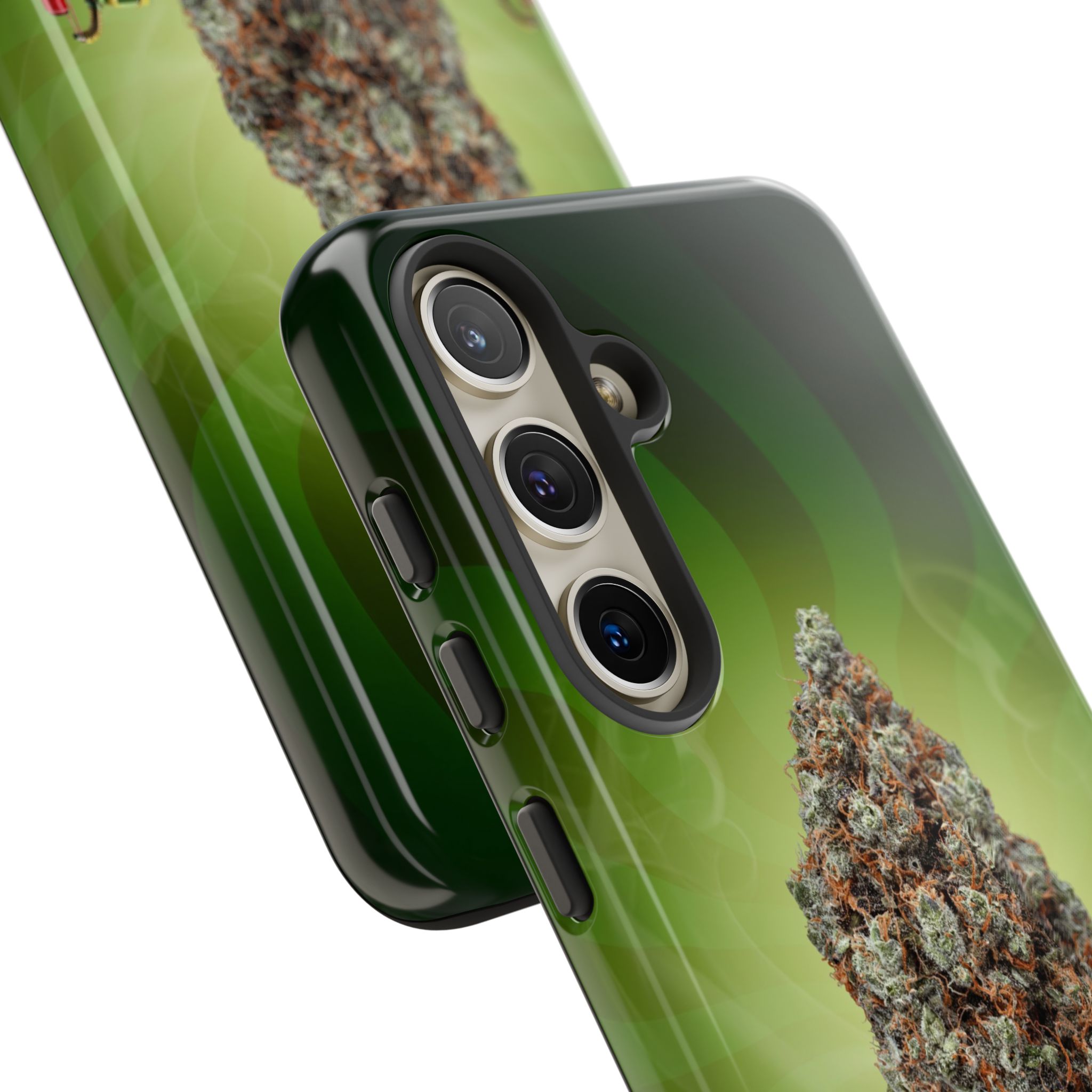 Green cannabis-themed phone case with detailed marijuana bud design.