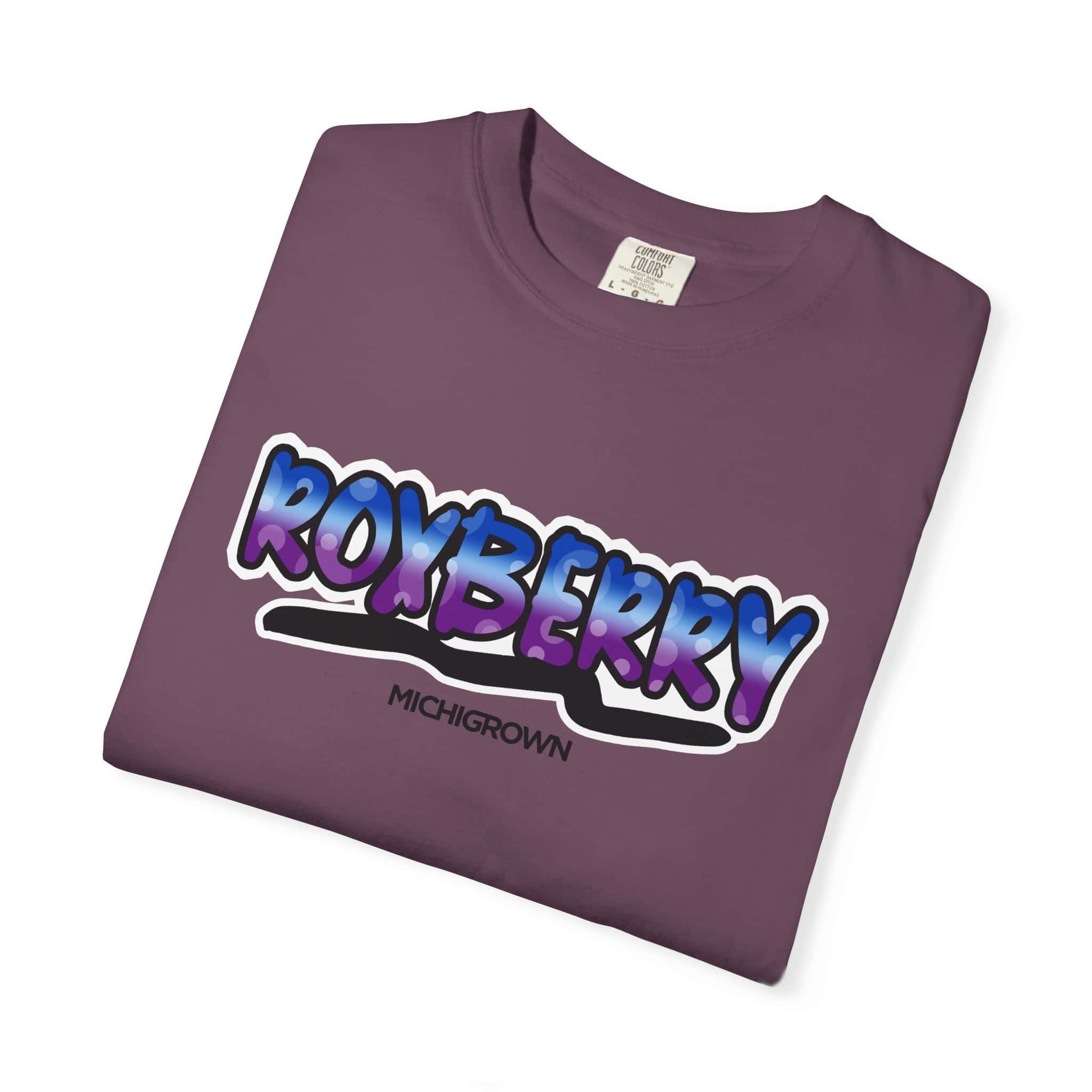 Purple Roxberry T-shirt with bold blue and purple text from Michigrown.